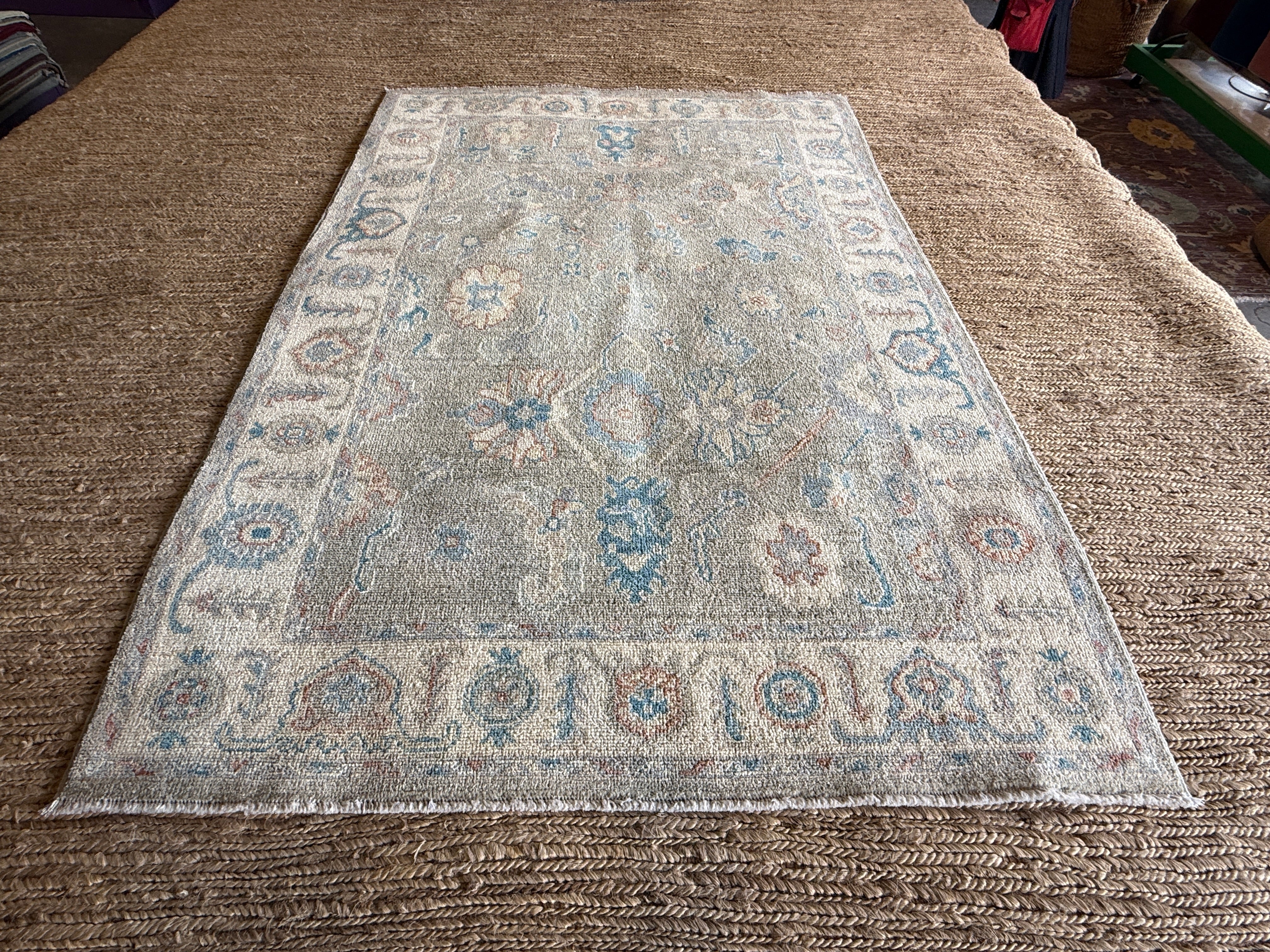 Hazel Graye 4x5.11 Grey & Blue Afghani Whitewashed Oushak