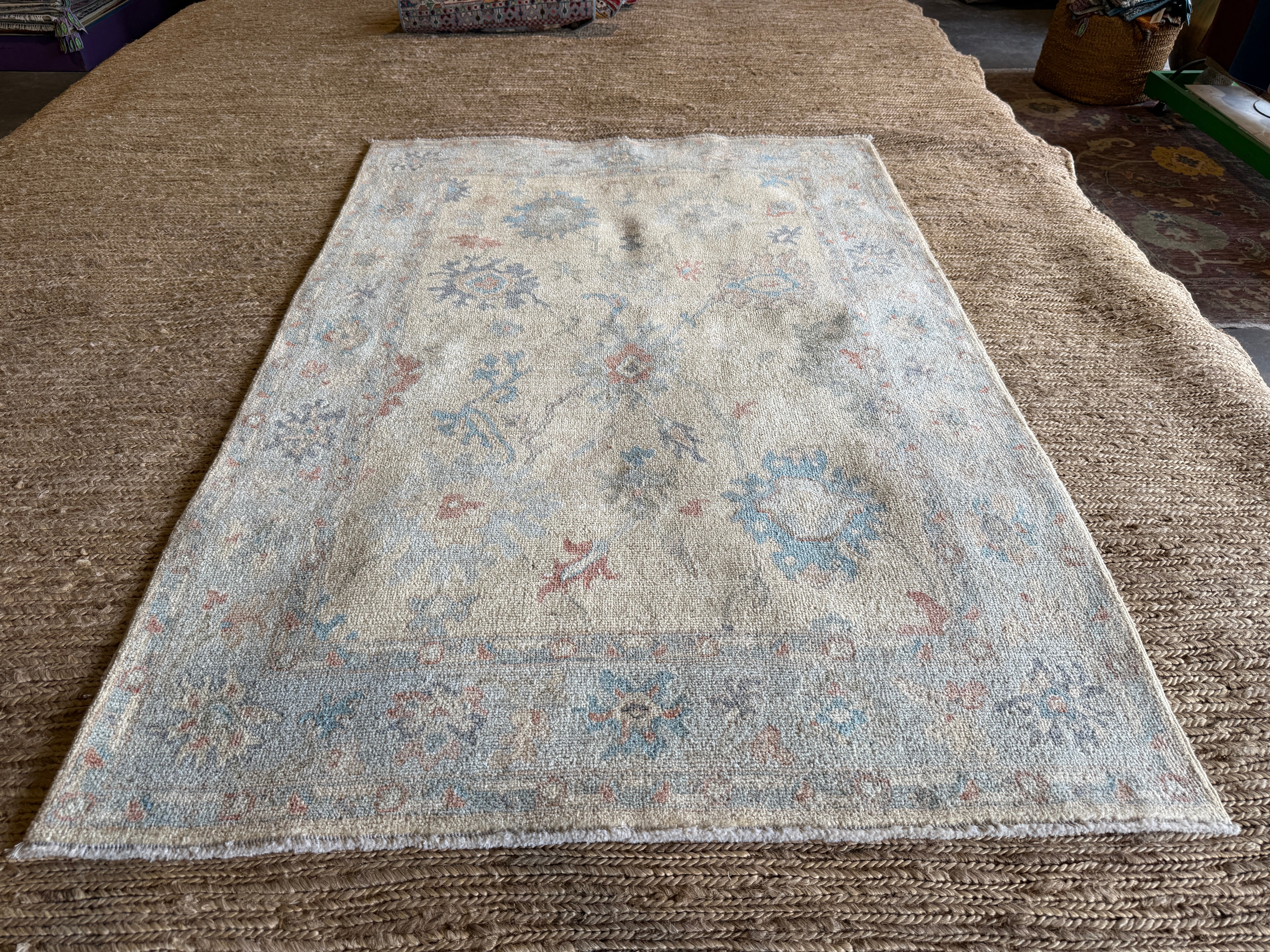 Althea Lee 3.11x5.11 Blue & Pink Afghani Whitewashed Oushak