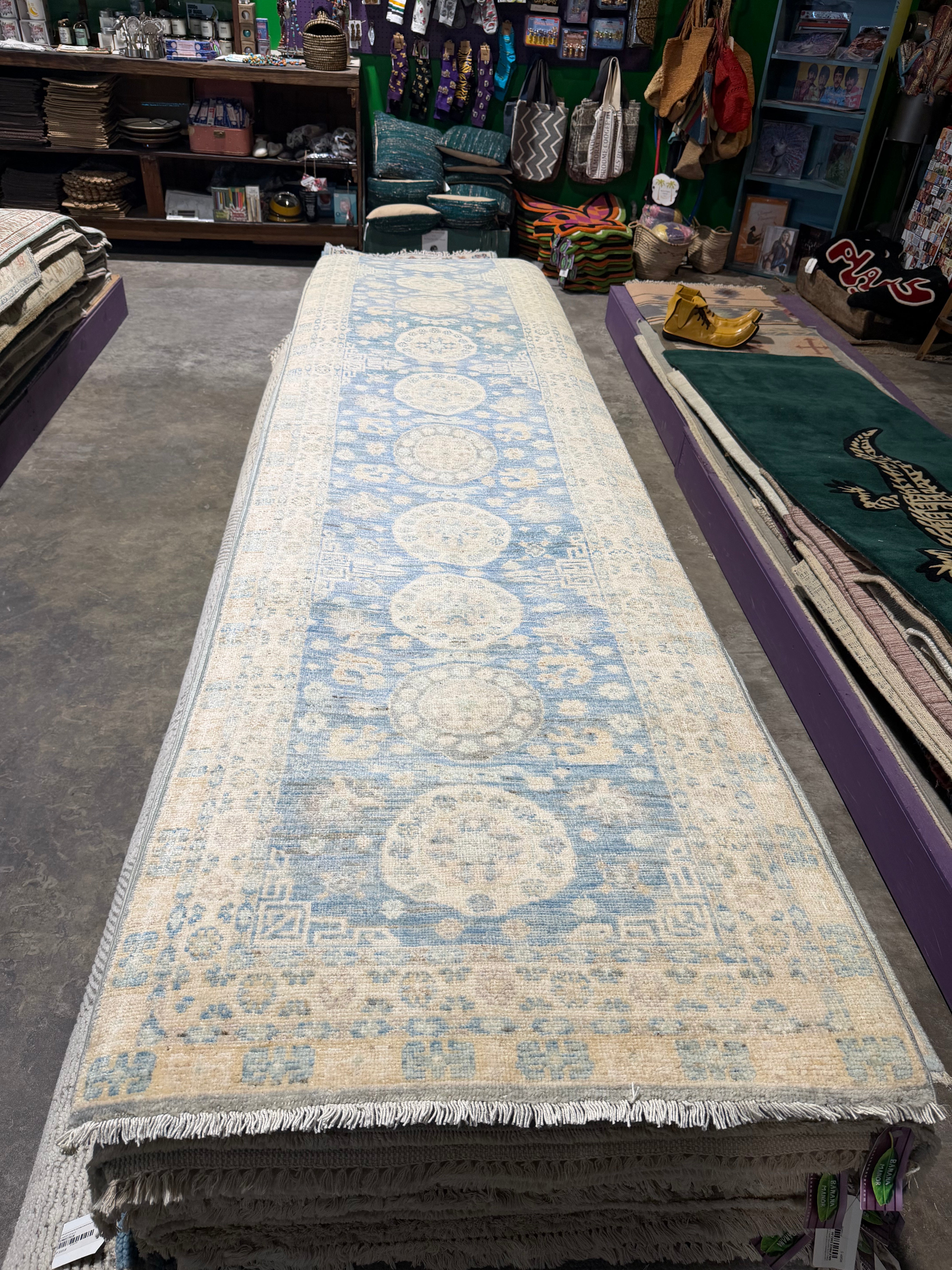 Sylvie Grateau 2.10x13.6 Blue Afghani Whitewashed Oushak Runner