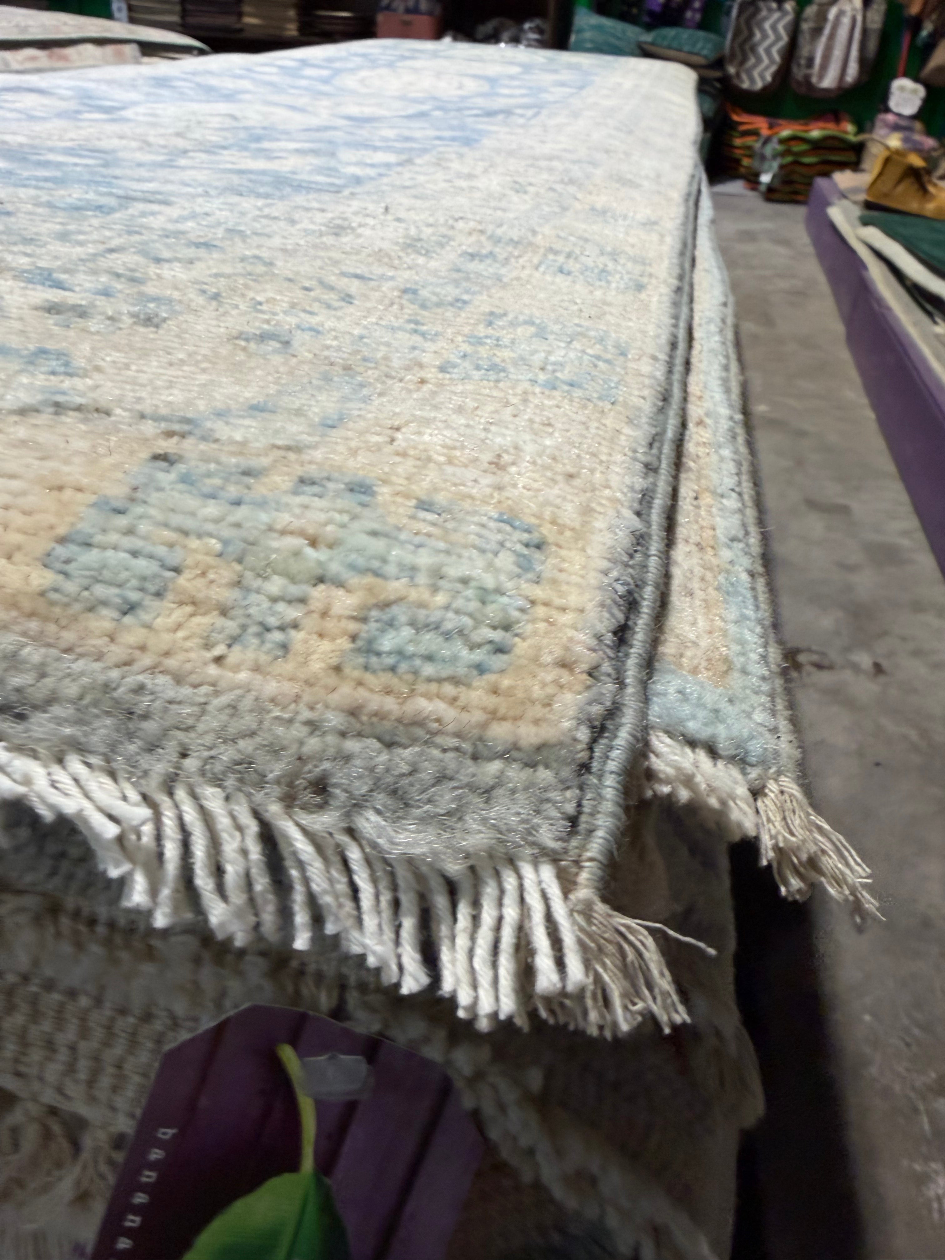 Sylvie Grateau 2.10x13.6 Blue Afghani Whitewashed Oushak Runner