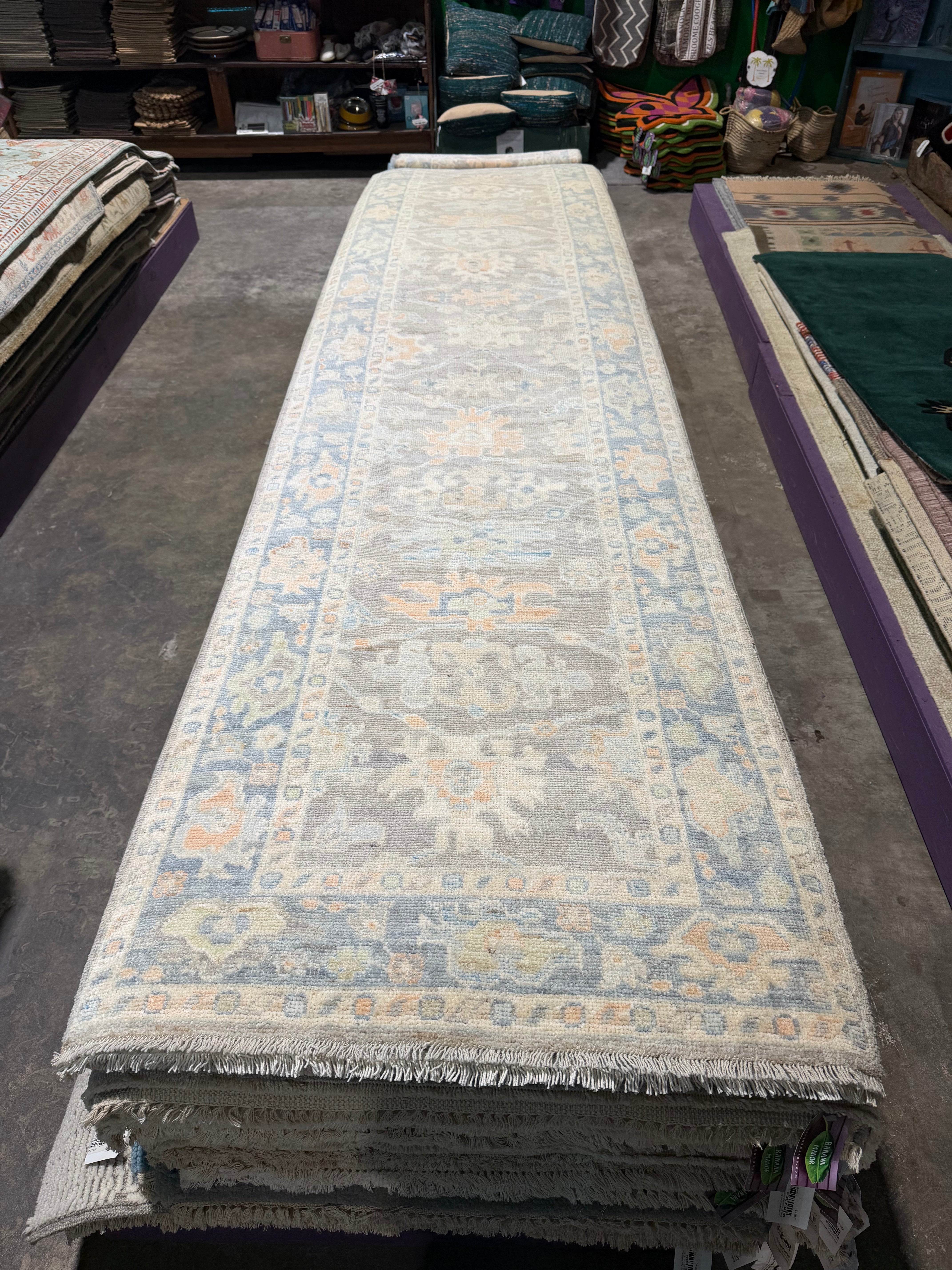 Thalia Besson 2.11x18.2 Grey  and Blue Afghani Whitewashed Oushak Runner