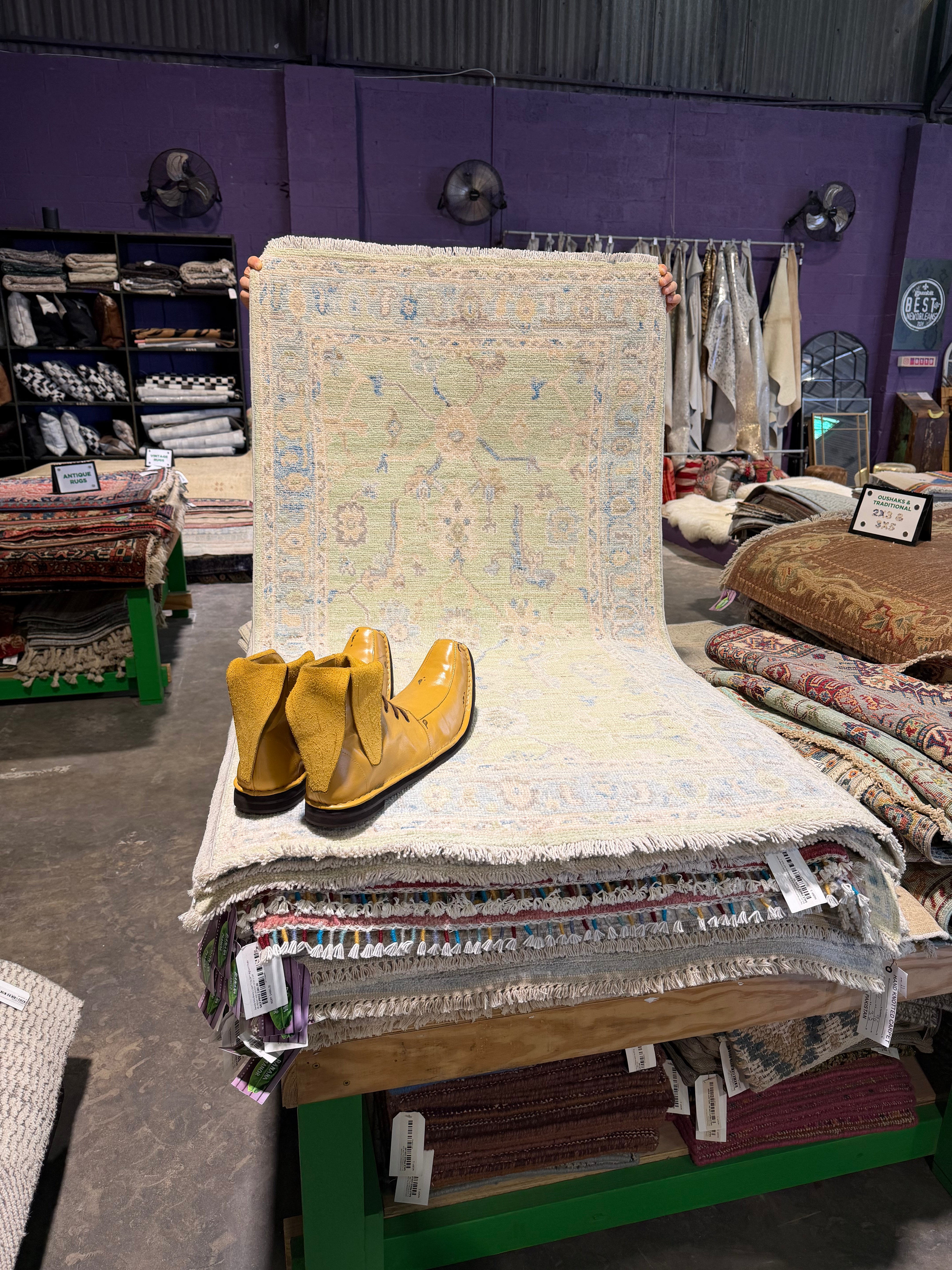 Céline Menville 2.9x5 Green and Blue Afghani Whitewashed Oushak