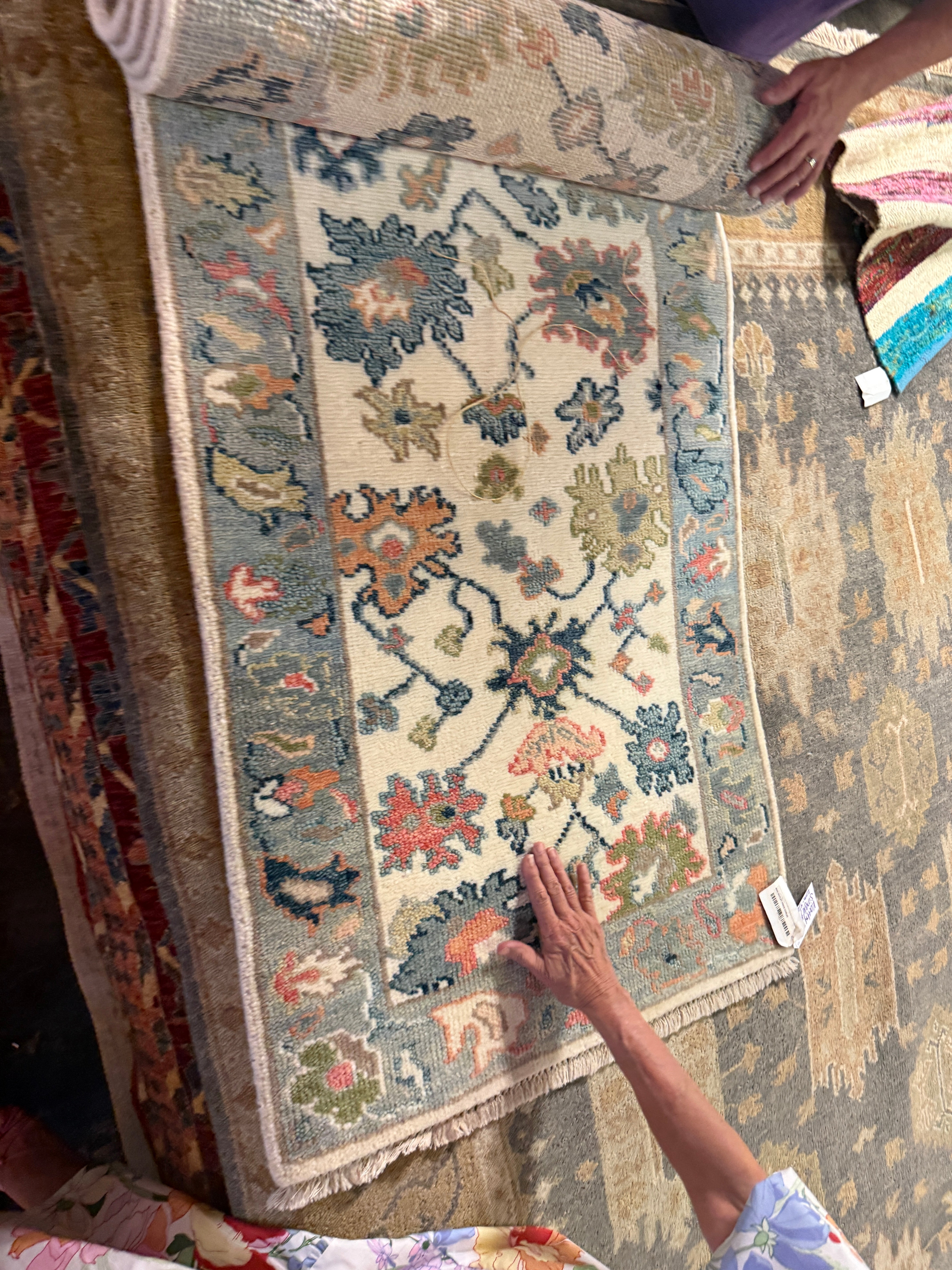 Nicole Kidman 2.6x9.9 Ivory and Light Blue Hand-Knotted Oushak Runner Rug