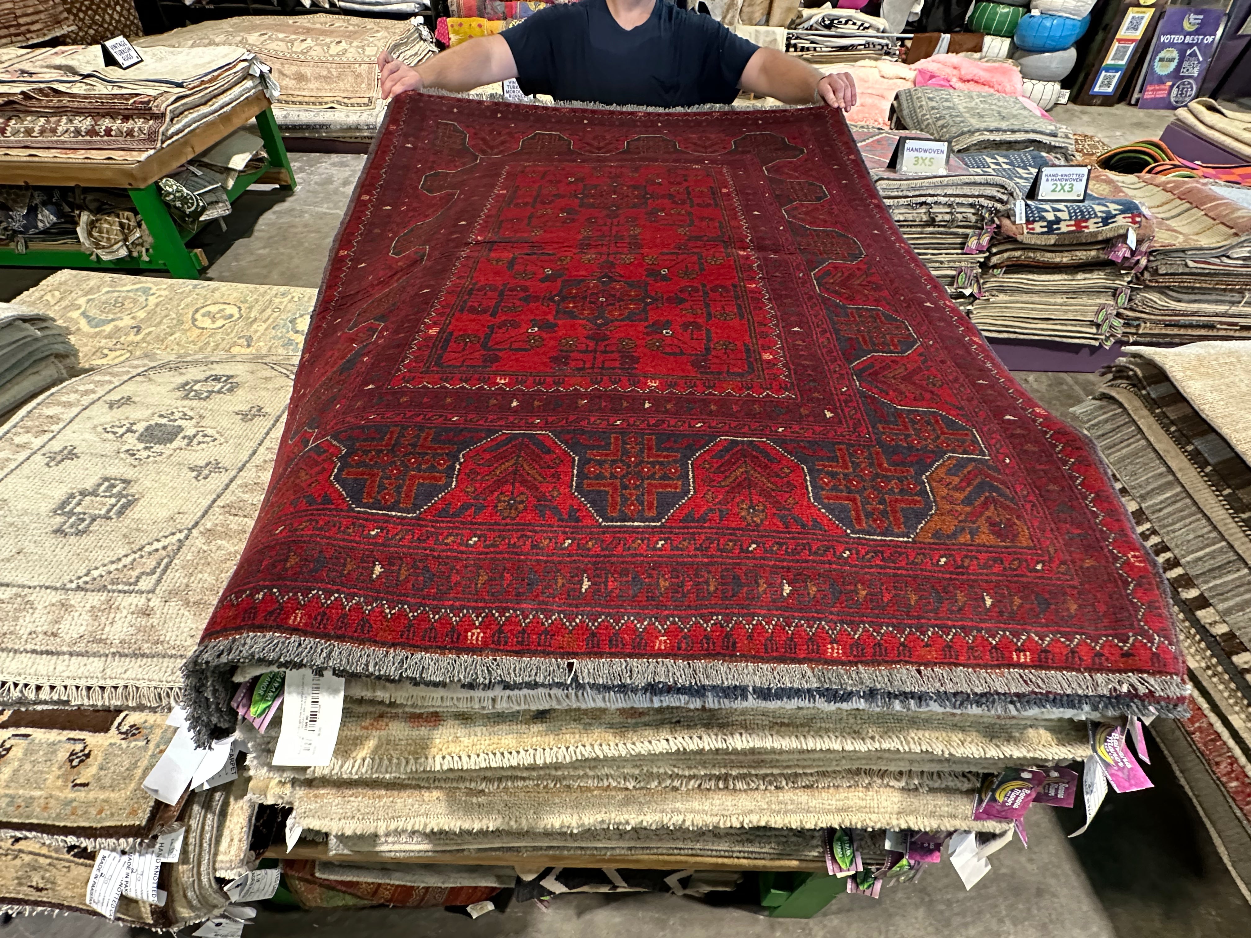 Tracie Thomas 3.6x4.10 Red Afghani Khal Muhammad Rug