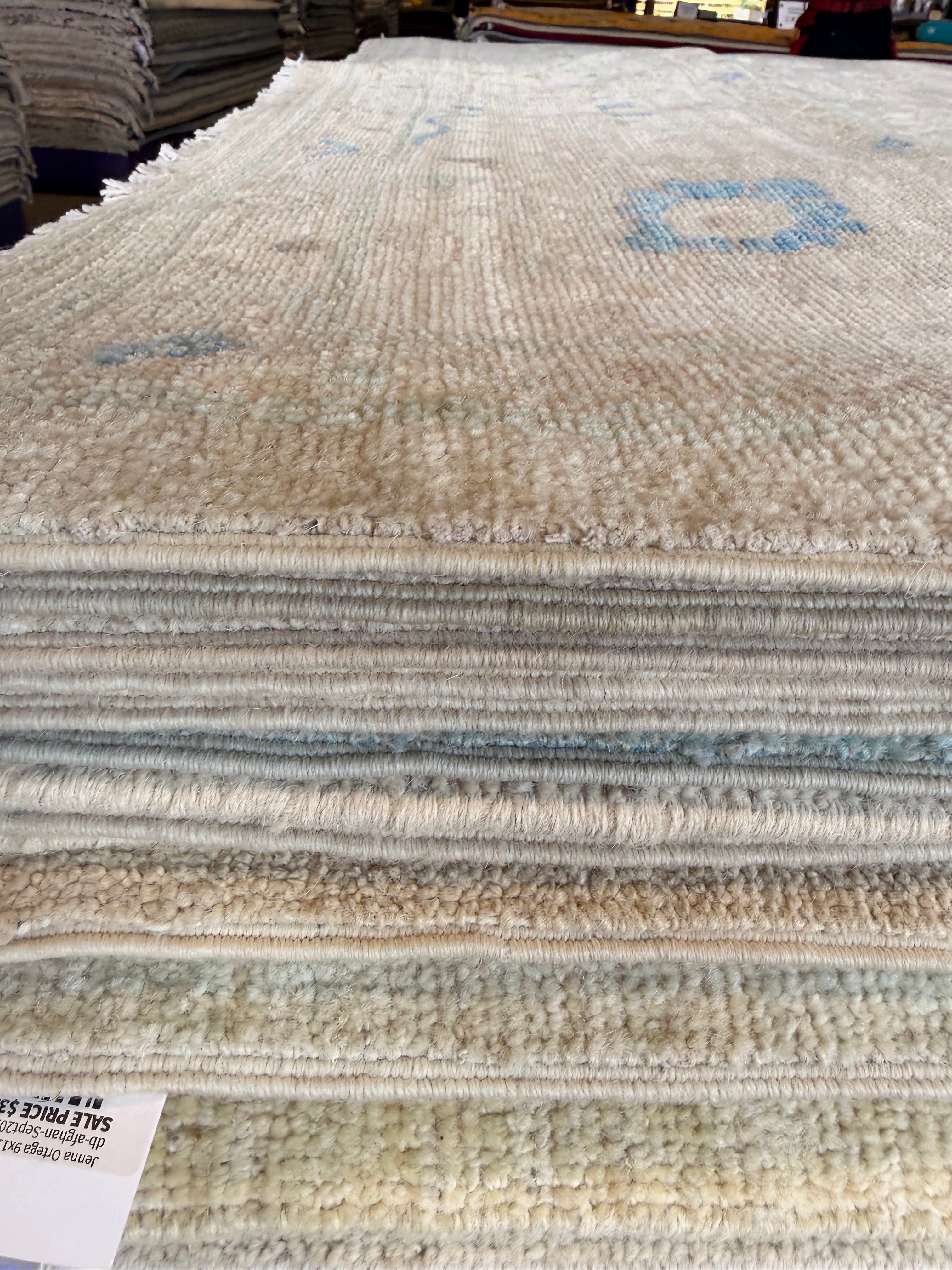 Ashlyn Schurade 9x11.8 Ivory and Blue Afghani Whitewashed Oushak