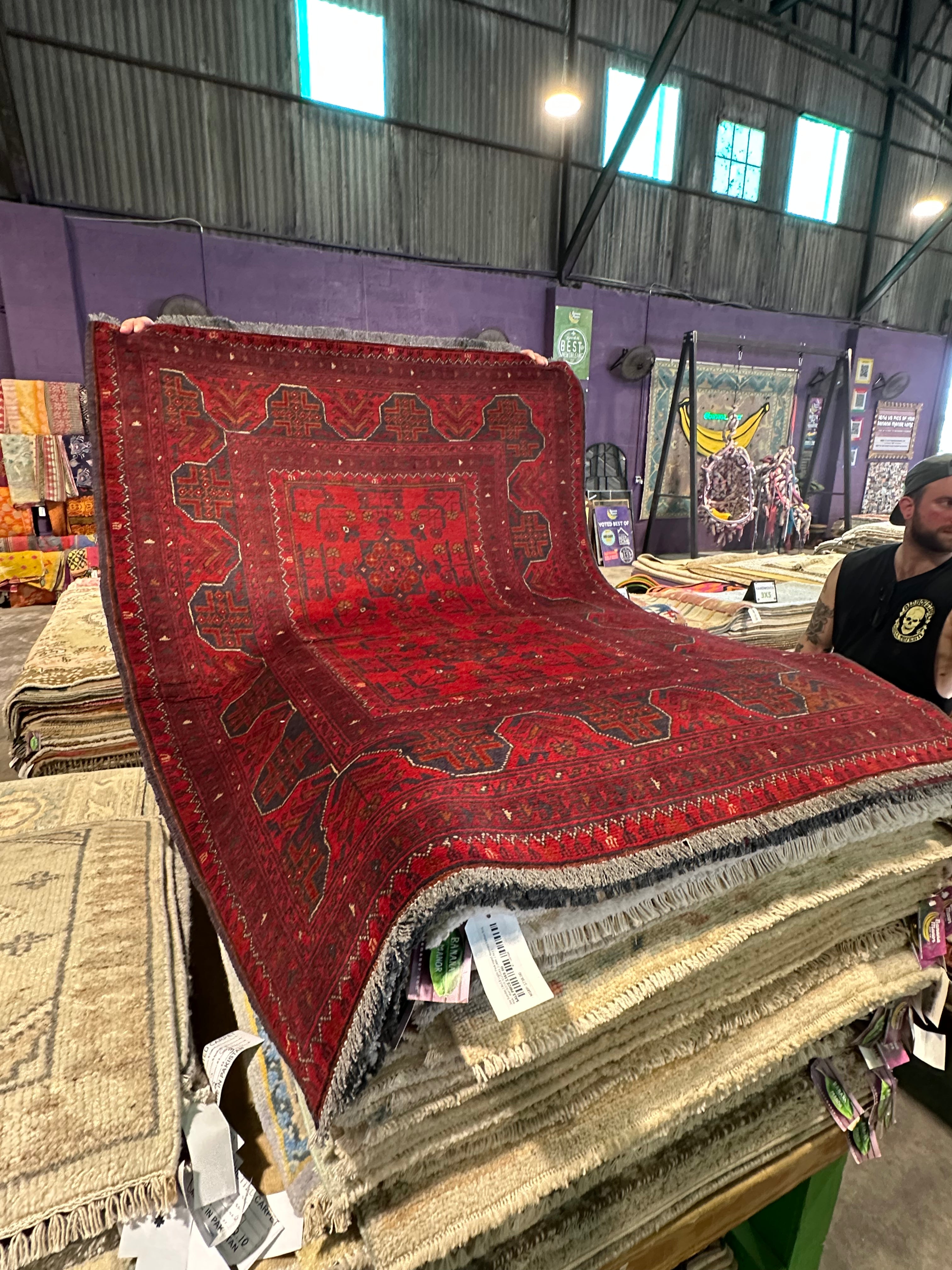 Tracie Thomas 3.6x4.10 Red Afghani Khal Muhammad Rug