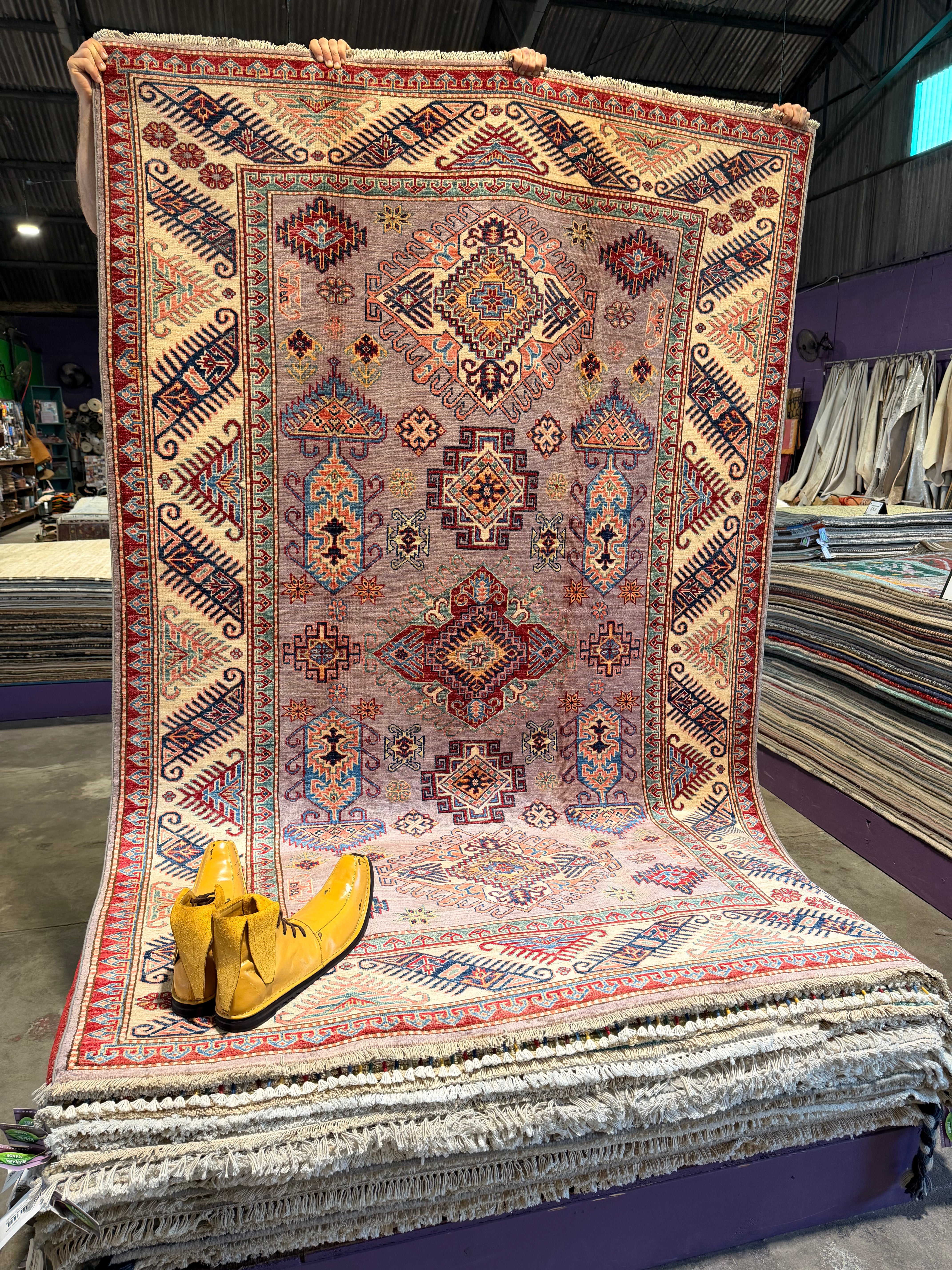 Toni Collette 5.5x8.3 Purple Afghani Kazak Rug