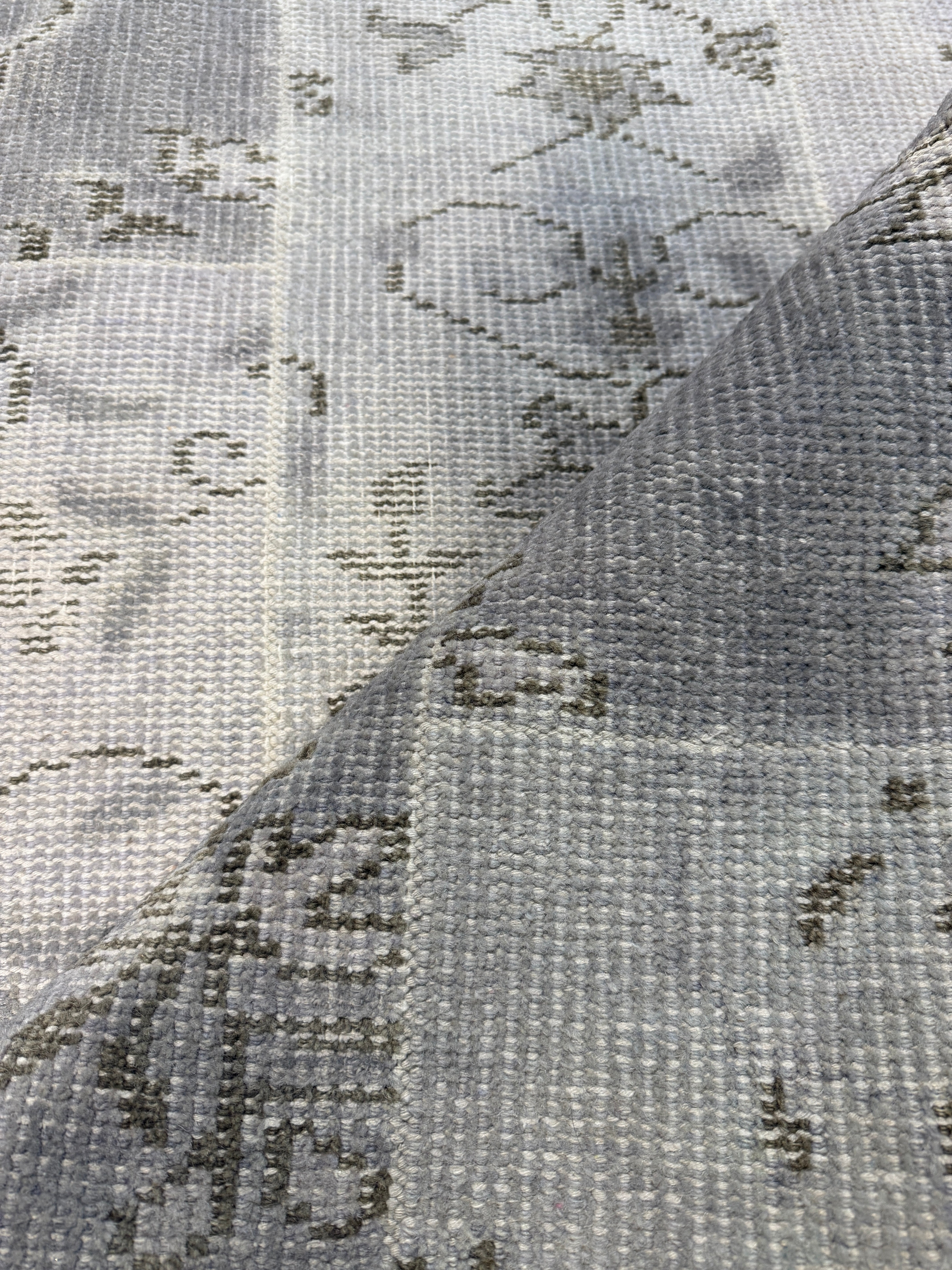 Jan Showers 2.6x6.9 Silver and Grey Patched Weave Hand-Knotted Oushak Runner Rug