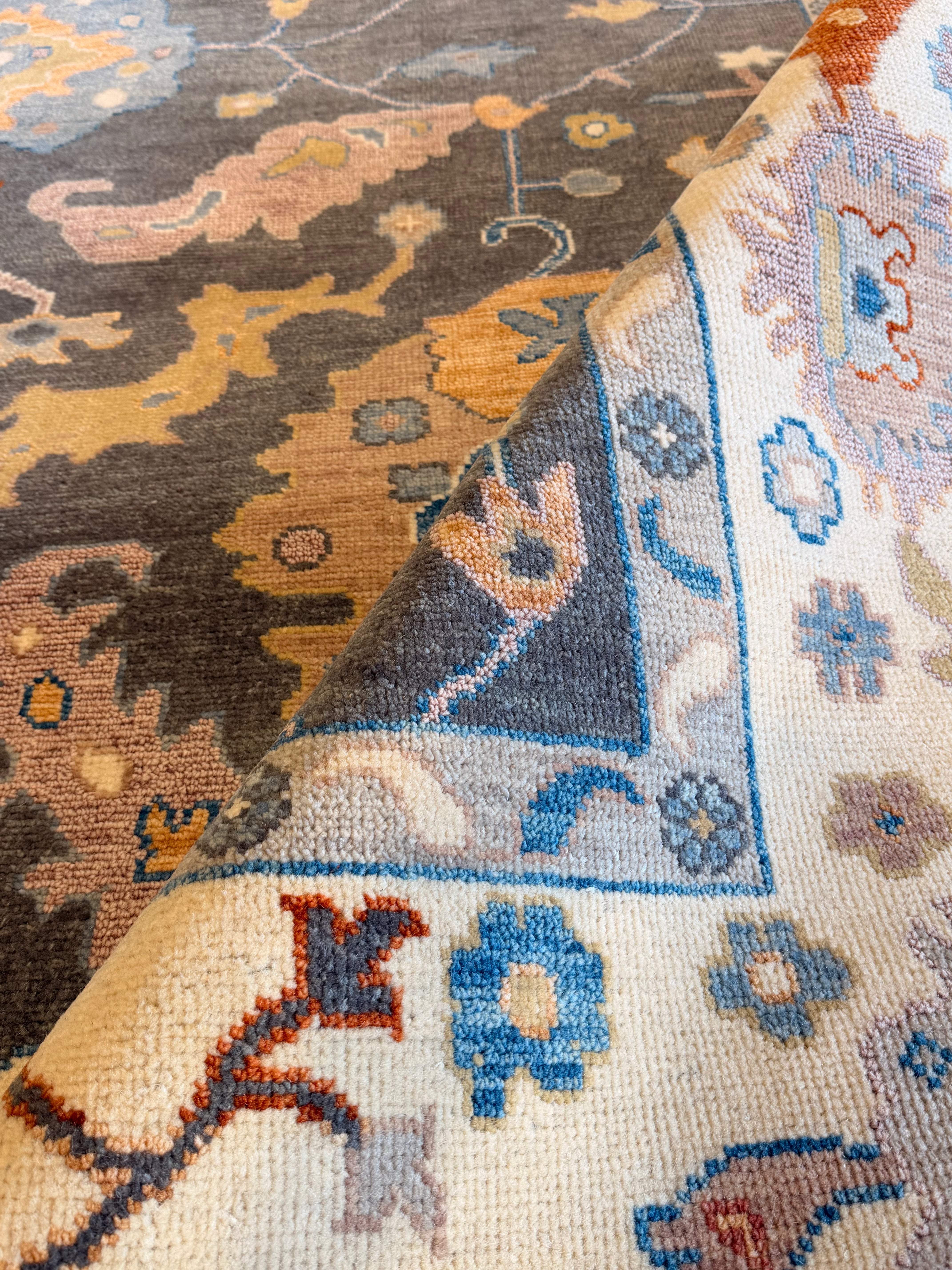 Lamanche  9x11.9 Grey and Ivory Hand-Knotted Oushak Rug