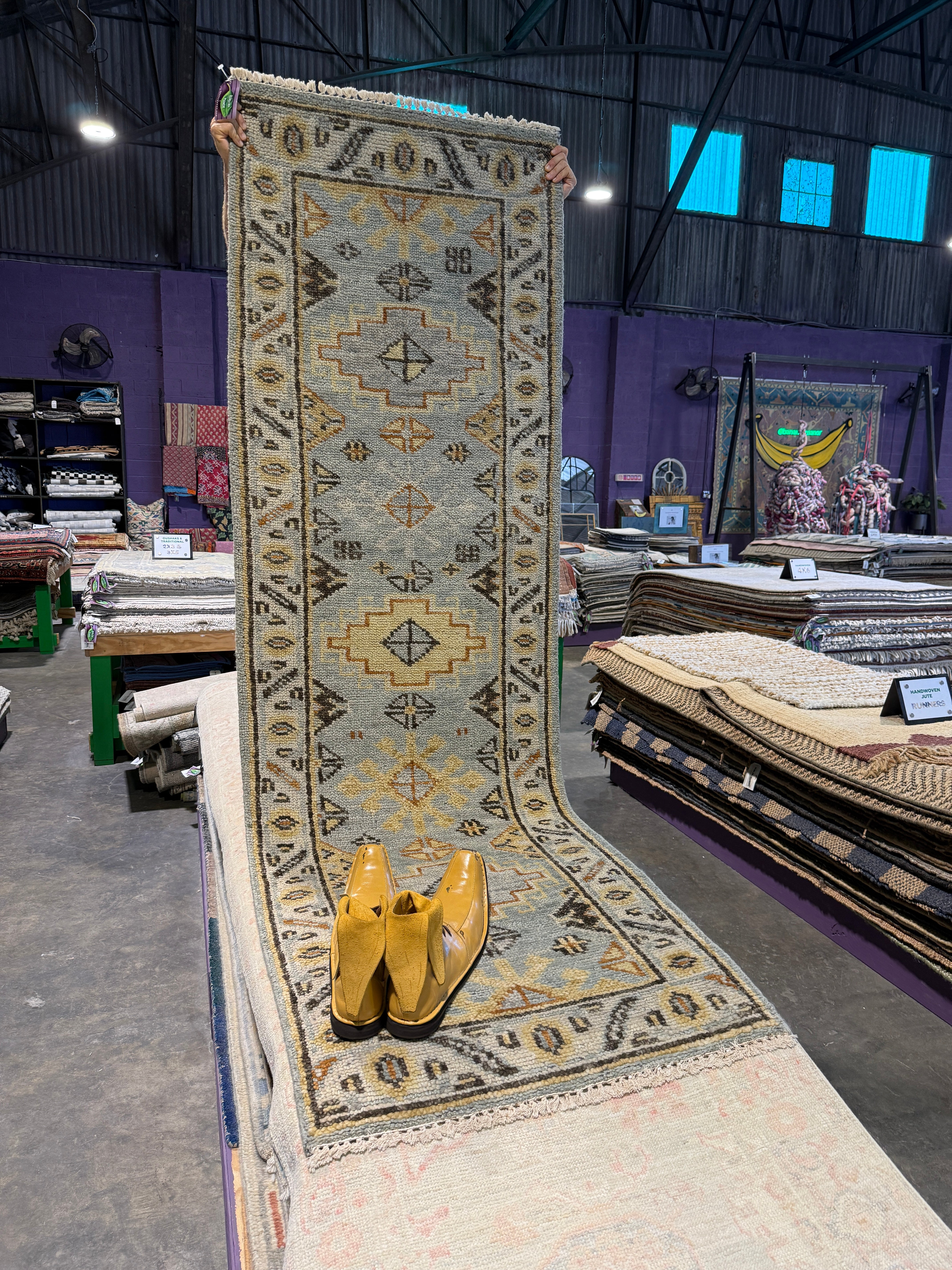 Christina Pickles 2.6x8 Blue and Tan Hand-Knotted Oushak Runner Rug