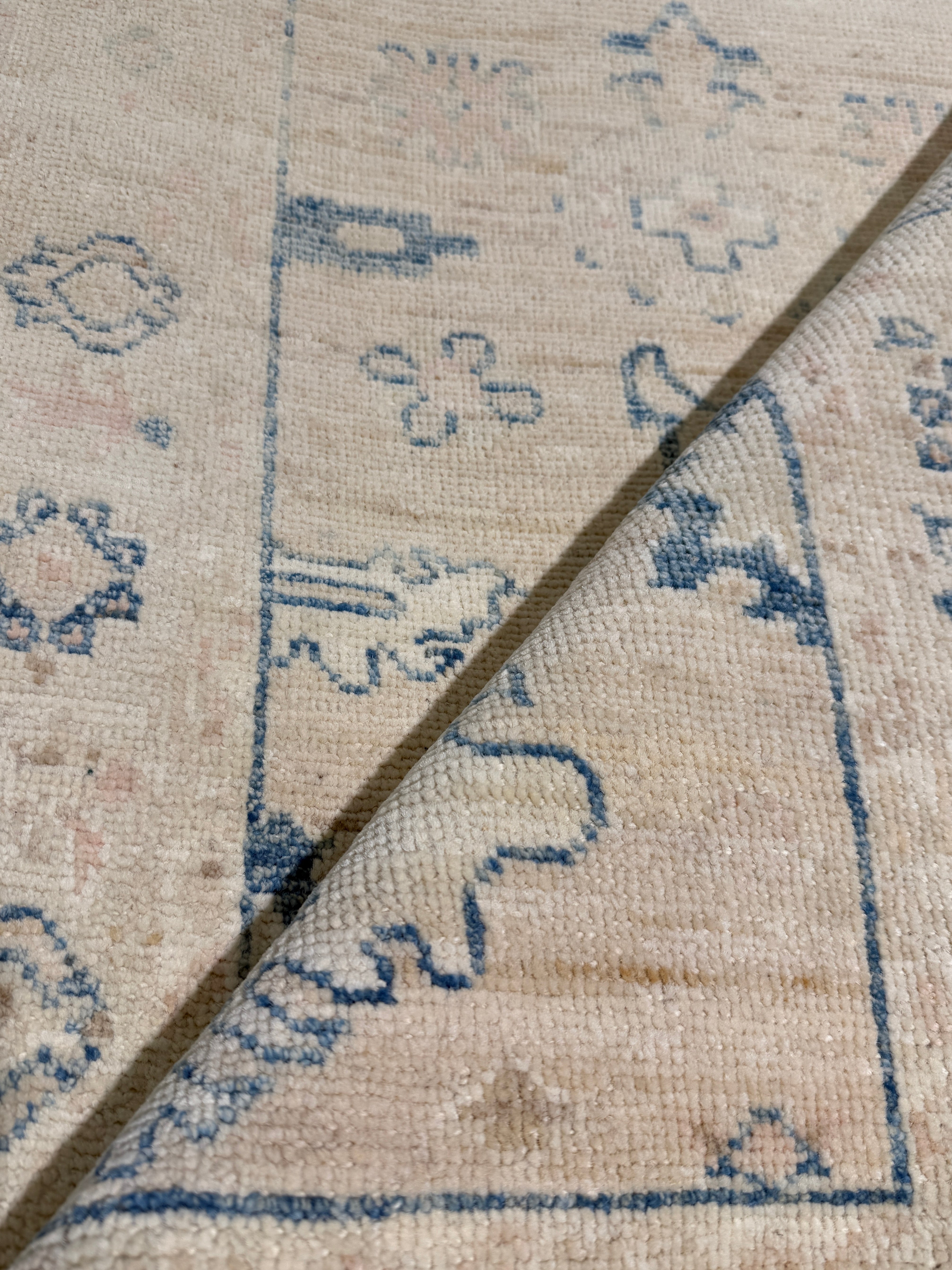 Faye Winter 2.11x8 Cream and Blue Whitewashed Afghani Oushak