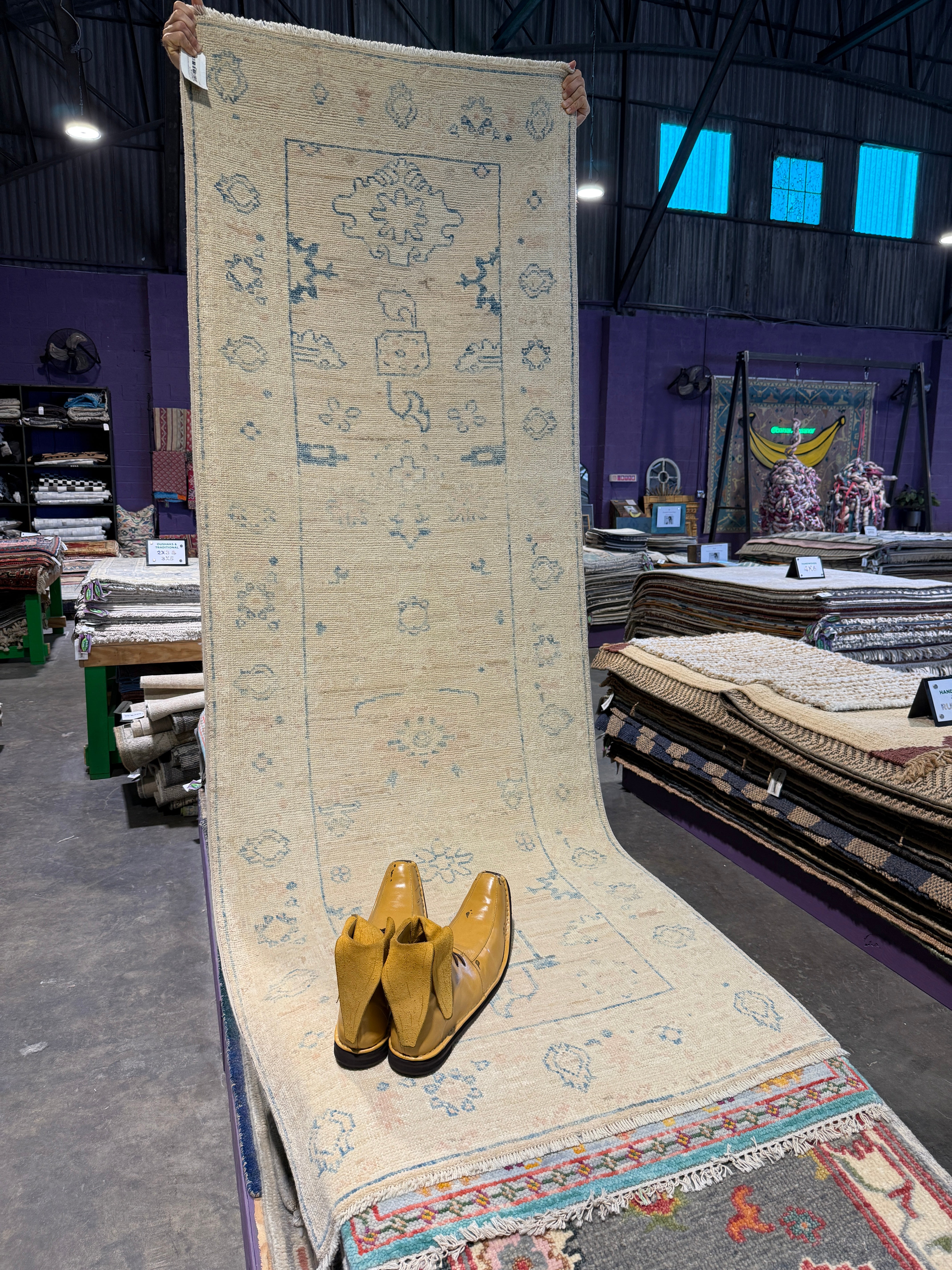 Faye Winter 2.11x8 Cream and Blue Whitewashed Afghani Oushak