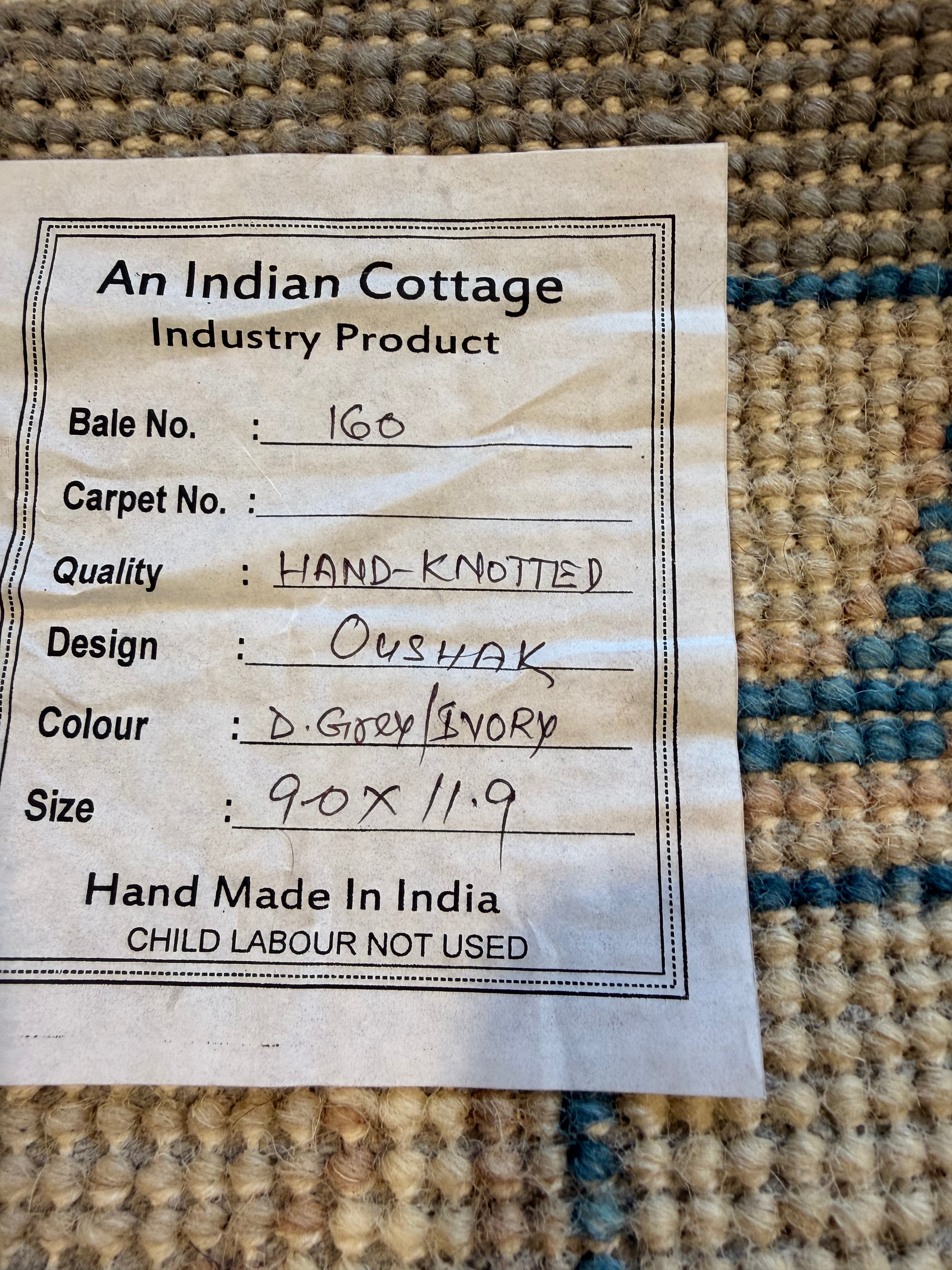 Lamanche  9x11.9 Grey and Ivory Hand-Knotted Oushak Rug