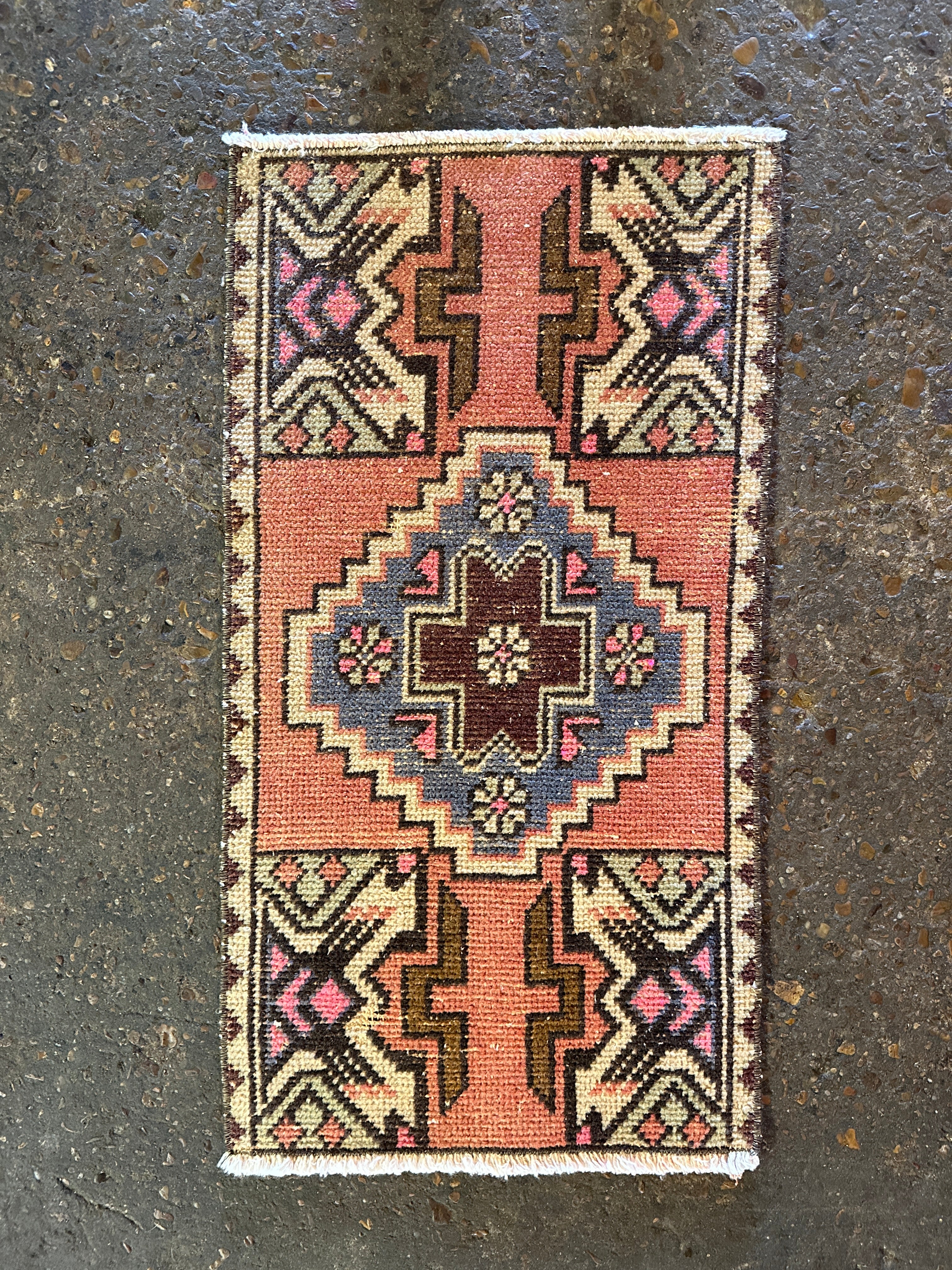 Vintage 1.5x2.8 Pink and Blue Turkish Oushak Small Rug