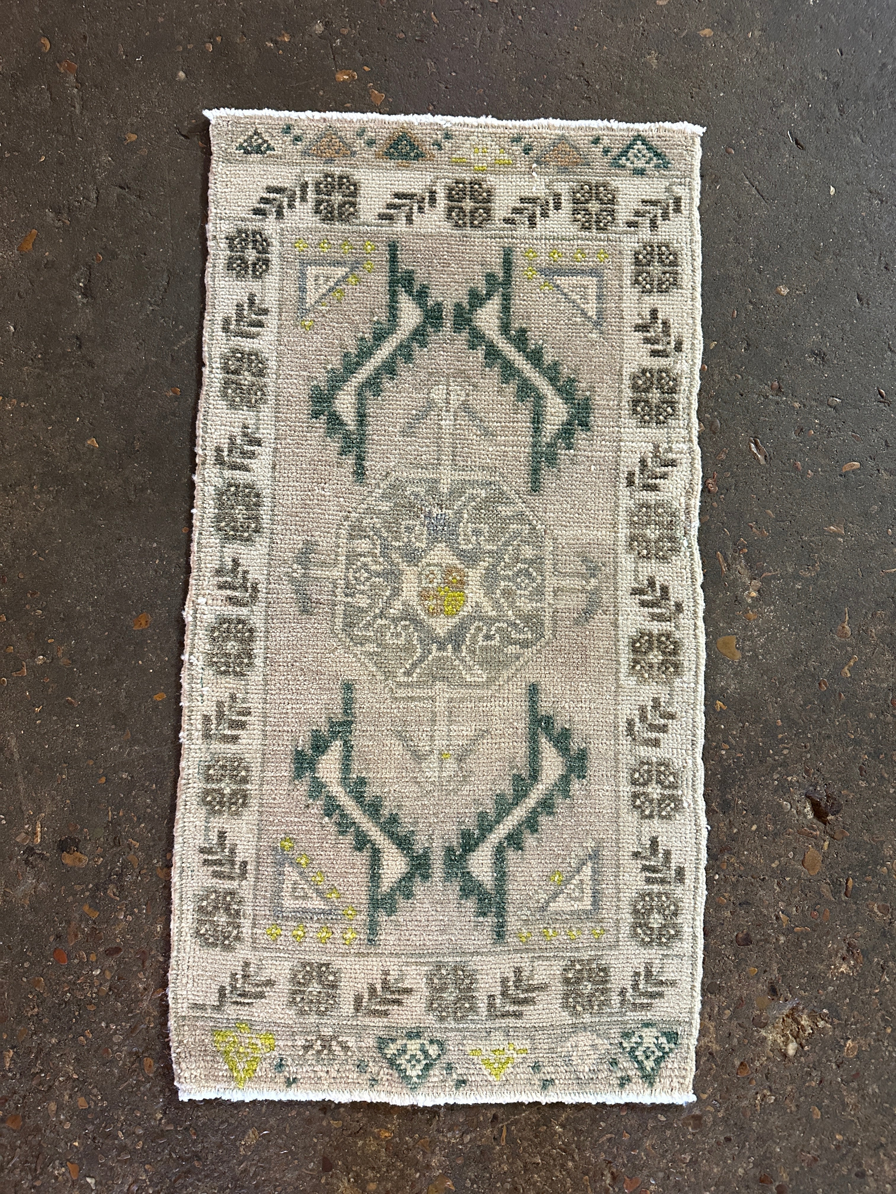 Vintage 1.7x3 Green and Grey Turkish Oushak Small Rug