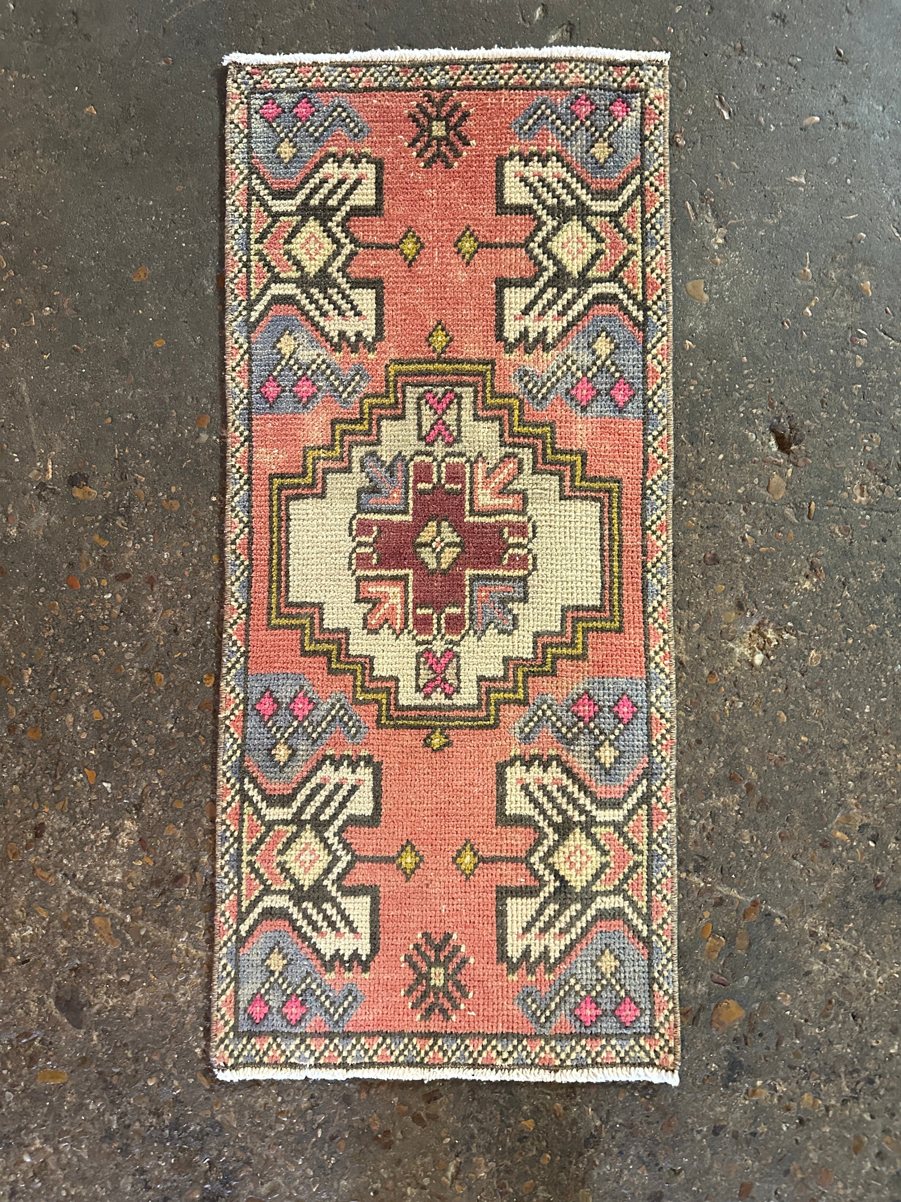 Vintage 1.5x3.3 Pink and Blue Turkish Oushak Small Rug