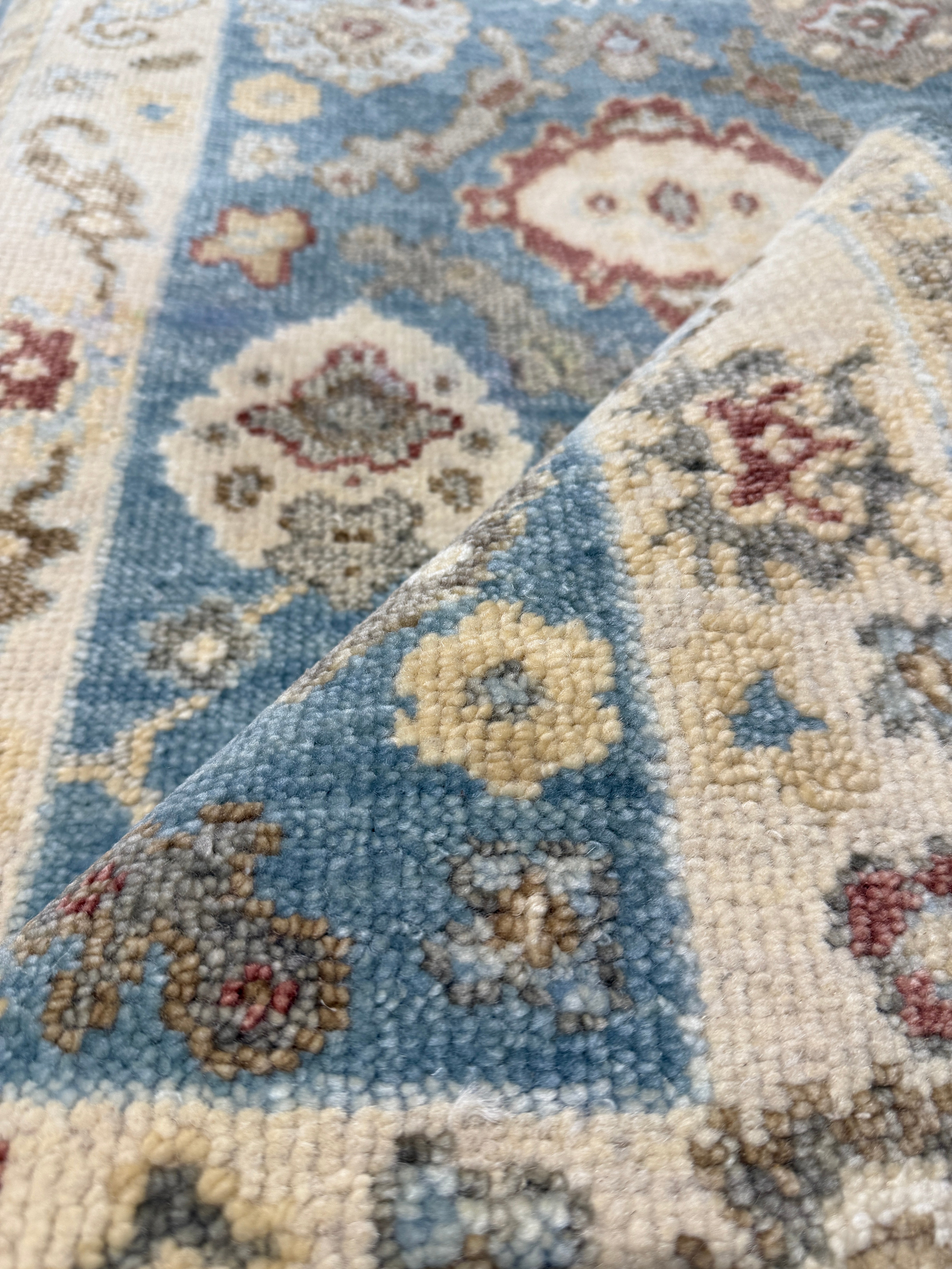 Eviana 3x12  Light Blue and Beige Hand-Knotted Oushak Runner Rug