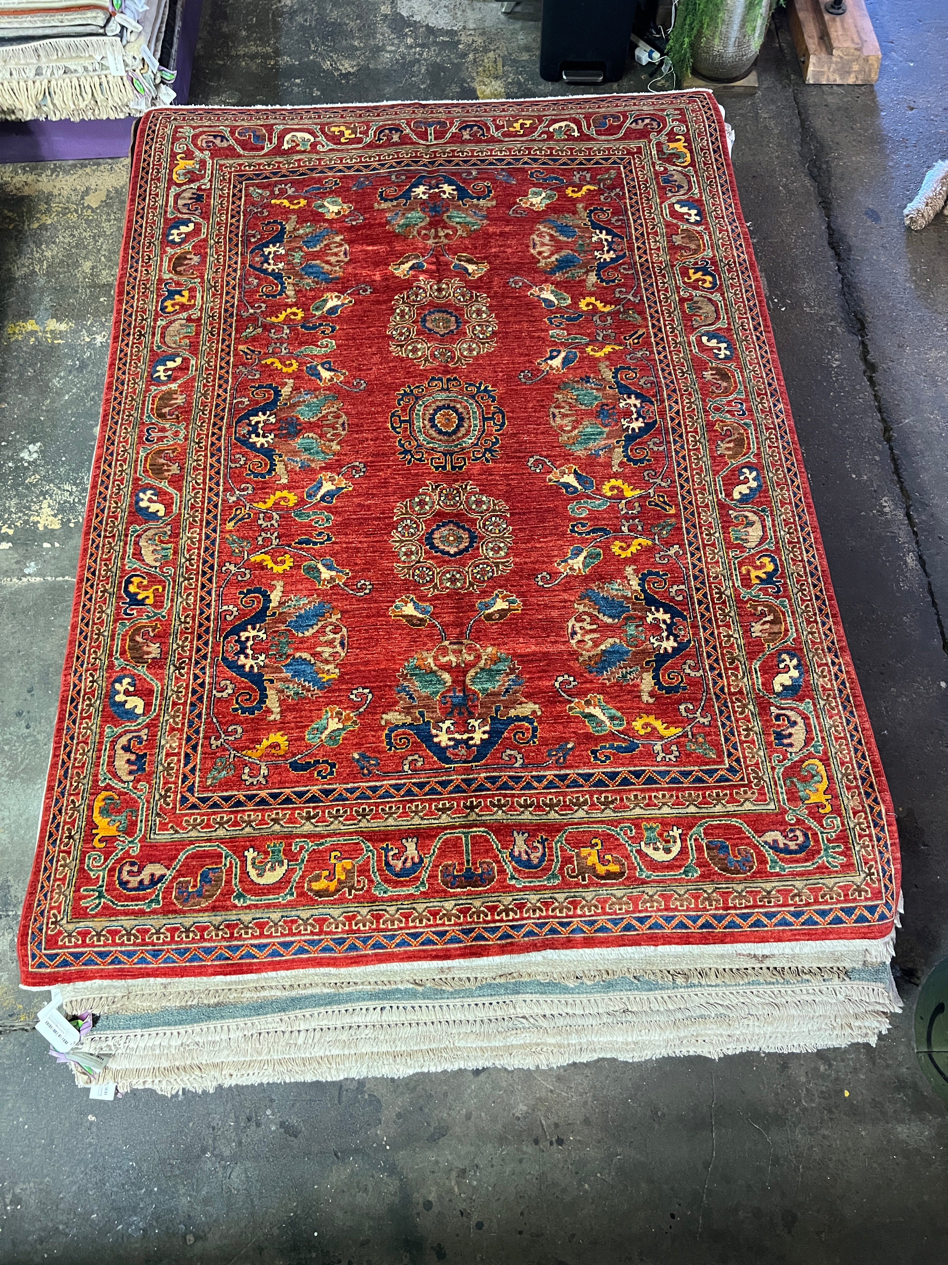 Adilyn 6x8.9 Red and Blue Hand-Knotted Nomadic Caucasian Humna Wool Rug