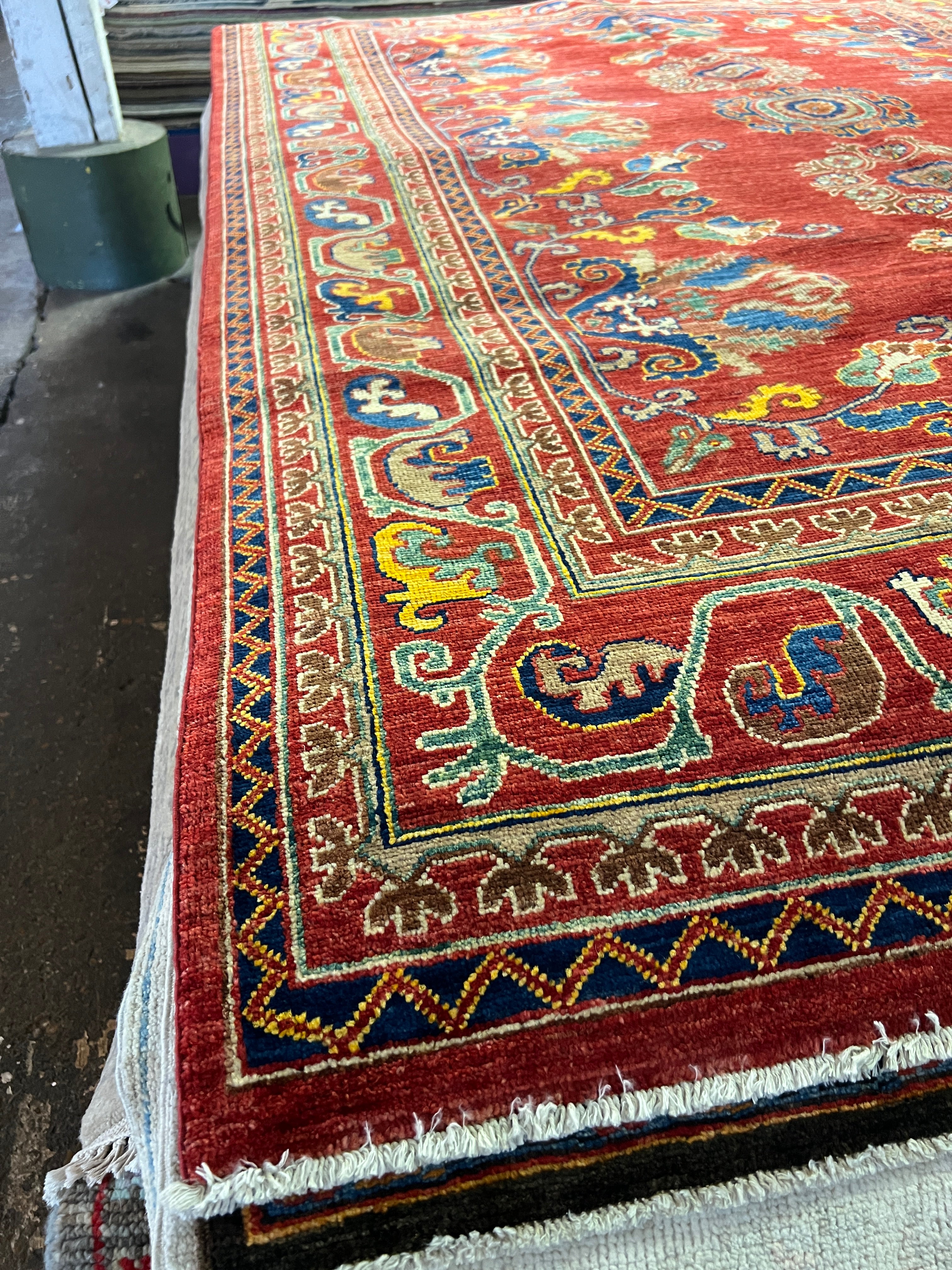 Adilyn 6x8.9 Red and Blue Hand-Knotted Nomadic Caucasian Humna Wool Rug