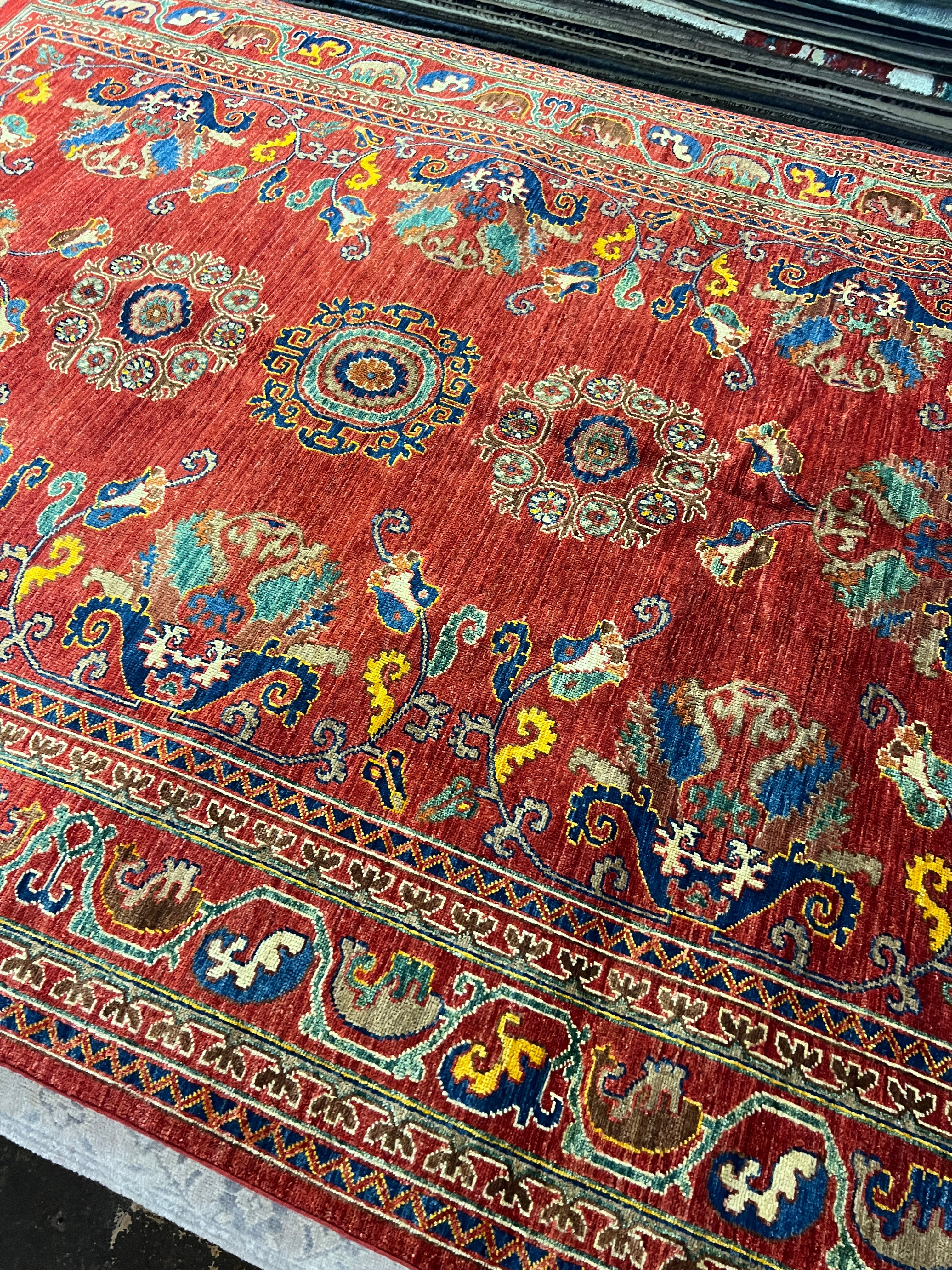 Adilyn 6x8.9 Red and Blue Hand-Knotted Nomadic Caucasian Humna Wool Rug