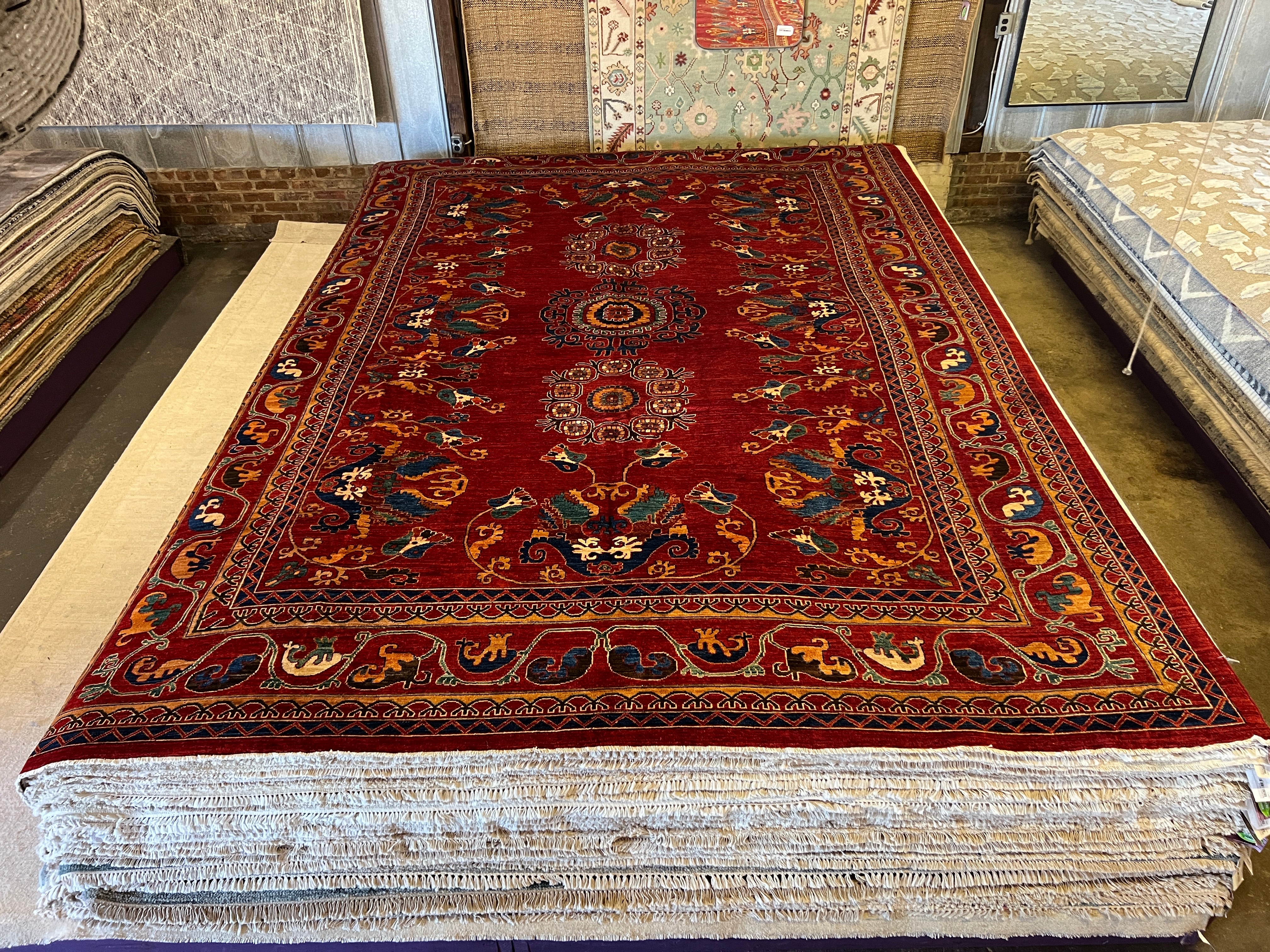 Luna Garza 10.5x14.1 Red and Blue Hand-Knotted Nomadic Caucasian Humna Wool Rug