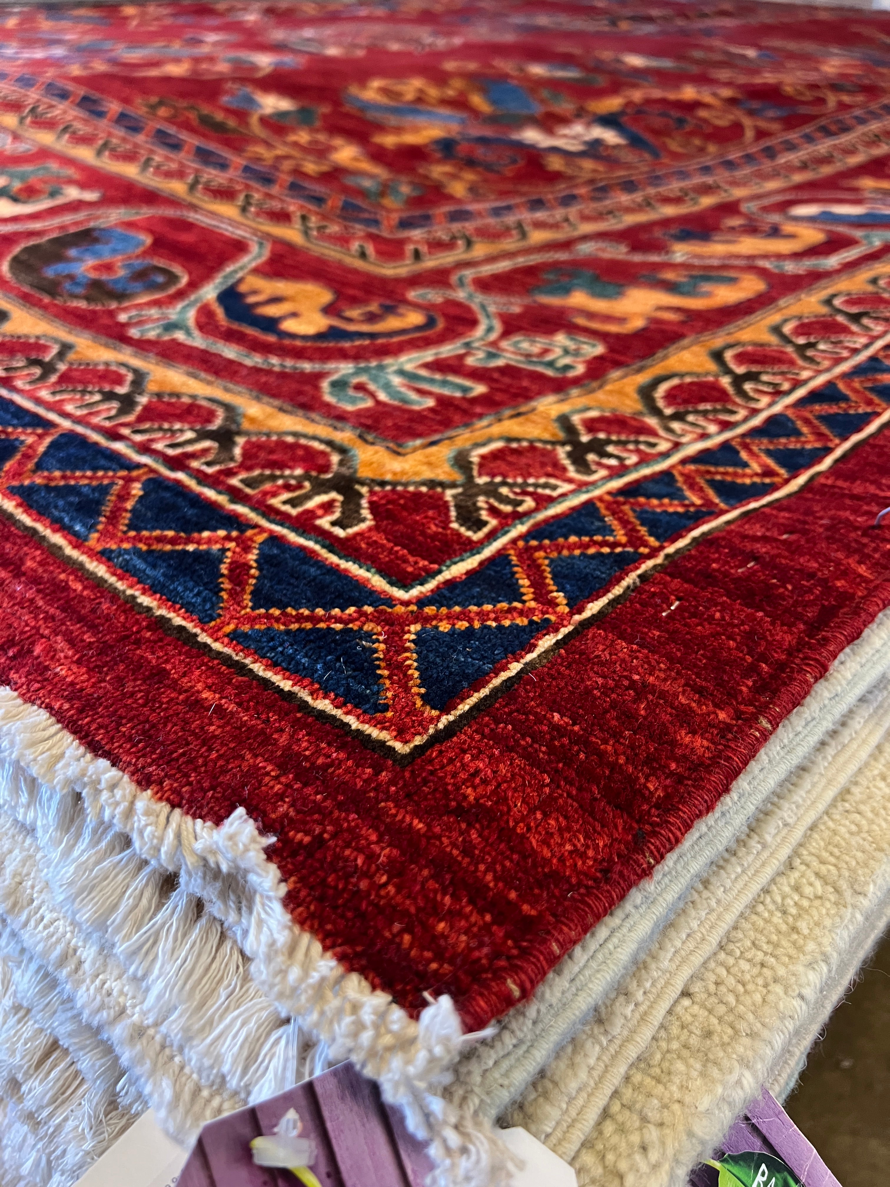 Luna Garza 10.5x14.1 Red and Blue Hand-Knotted Nomadic Caucasian Humna Wool Rug