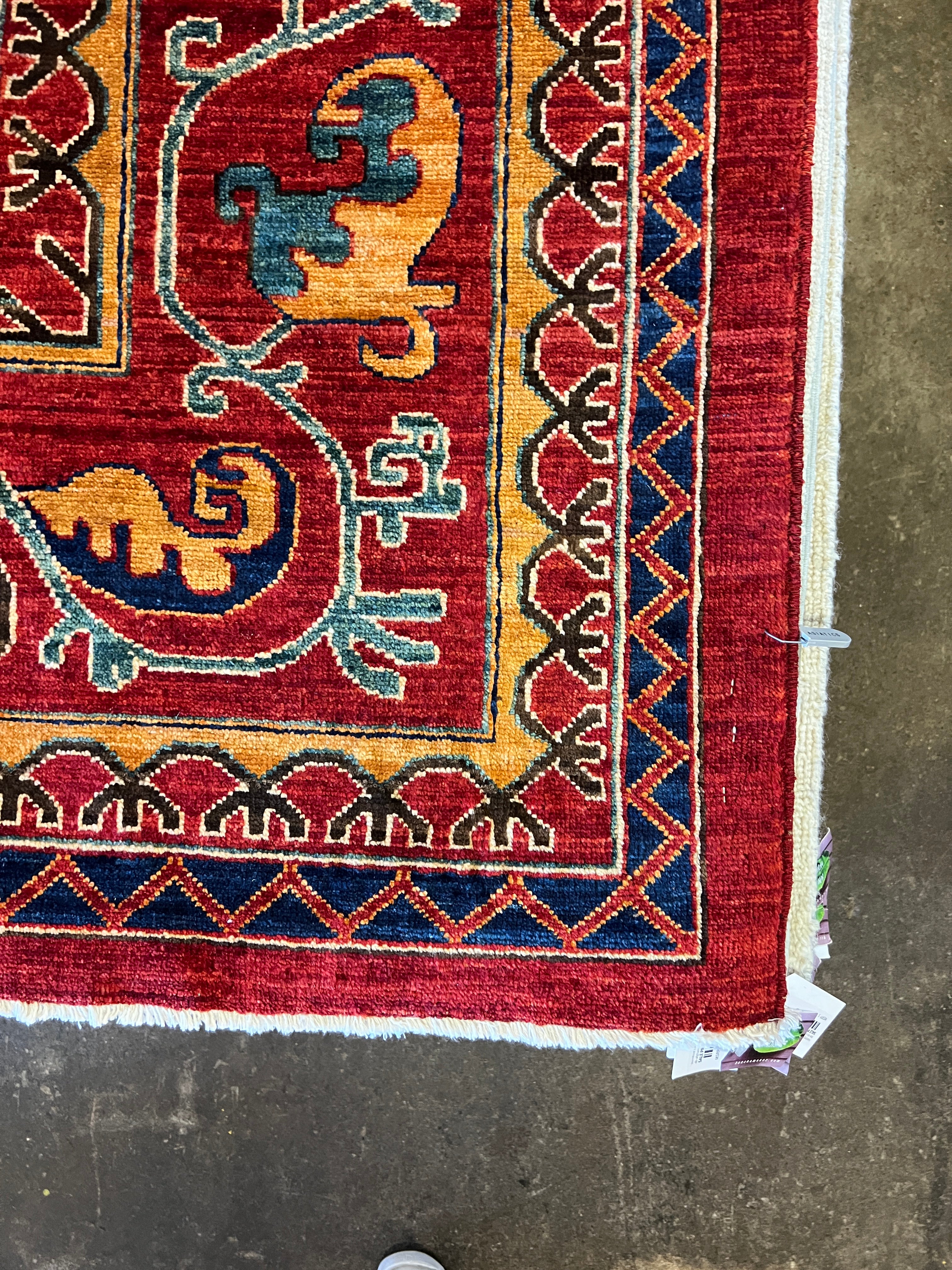 Luna Garza 10.5x14.1 Red and Blue Hand-Knotted Nomadic Caucasian Humna Wool Rug