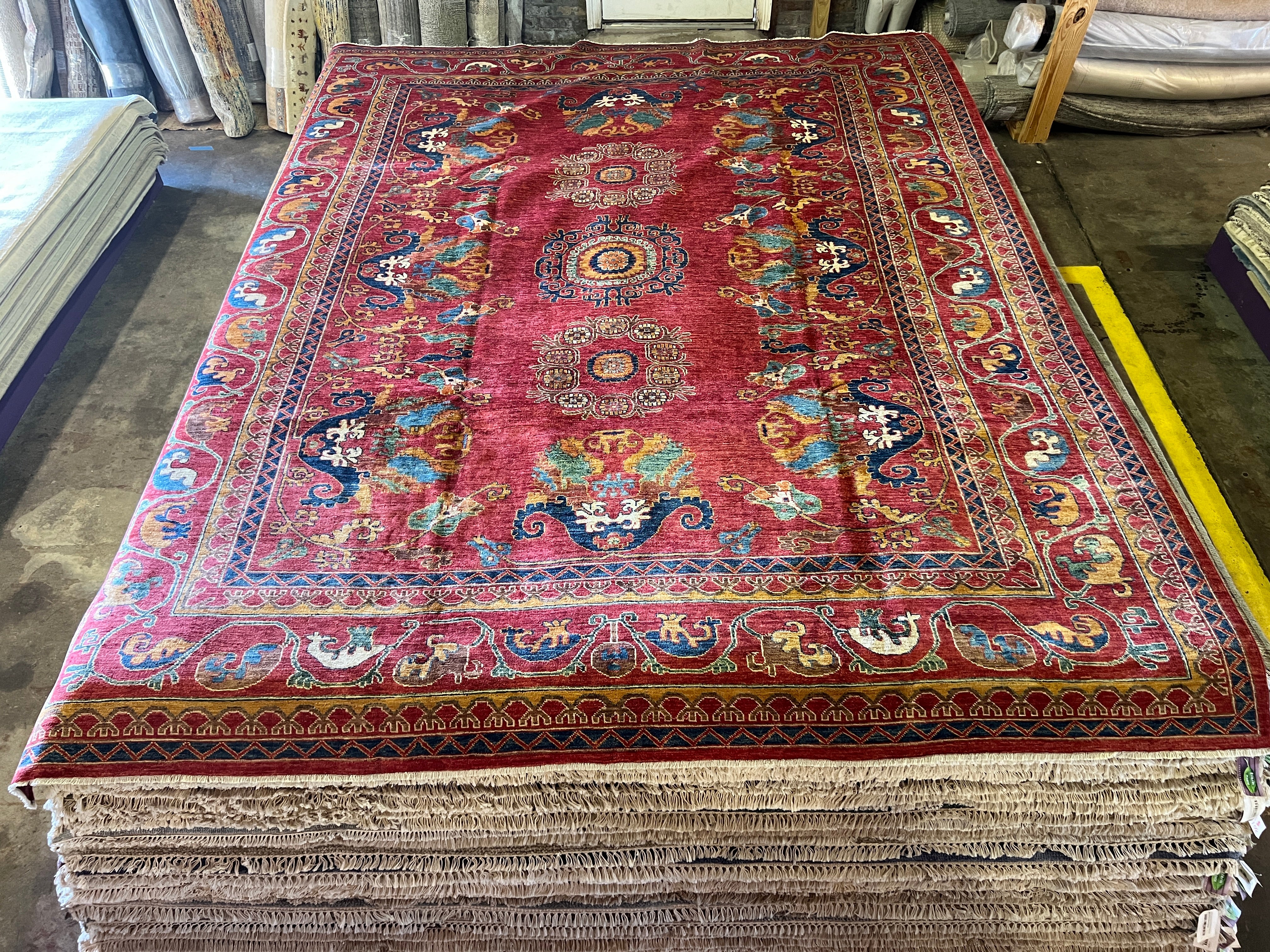 Amy Burley 9.5x11.6 Red and Blue Hand-Knotted Nomadic Caucasian Humna Wool Rug