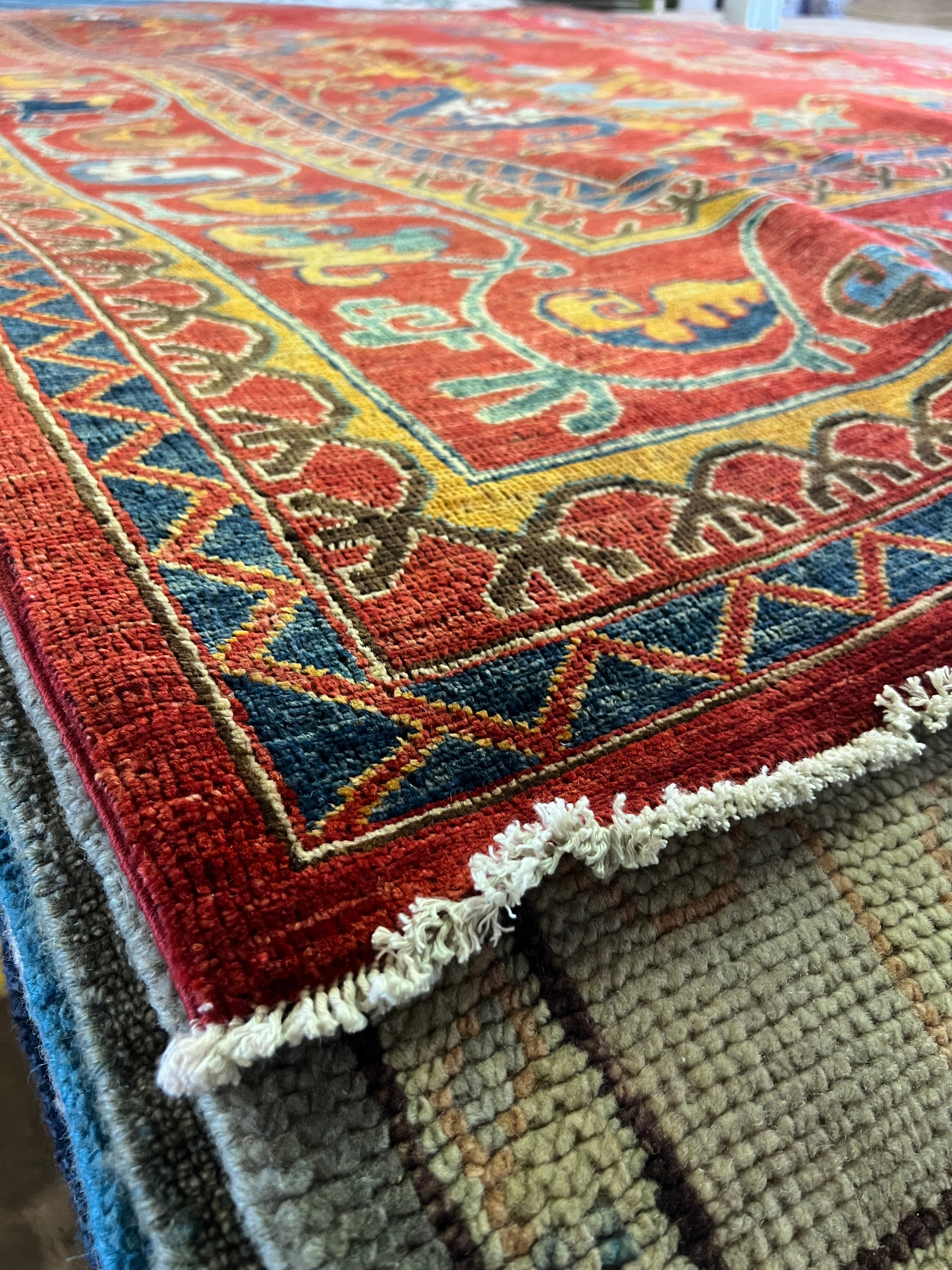 Amy Burley 9.5x11.6 Red and Blue Hand-Knotted Nomadic Caucasian Humna Wool Rug