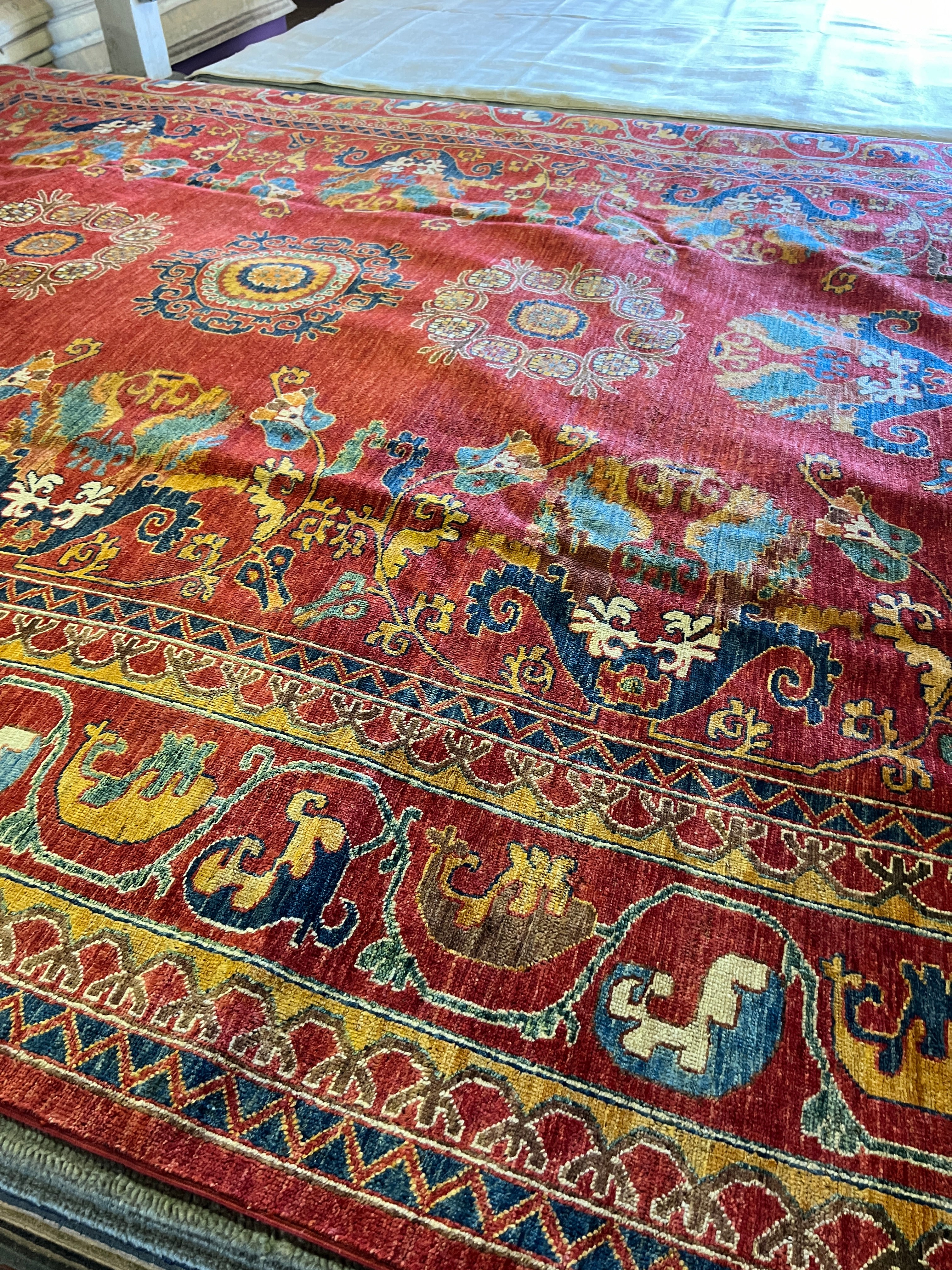 Amy Burley 9.5x11.6 Red and Blue Hand-Knotted Nomadic Caucasian Humna Wool Rug