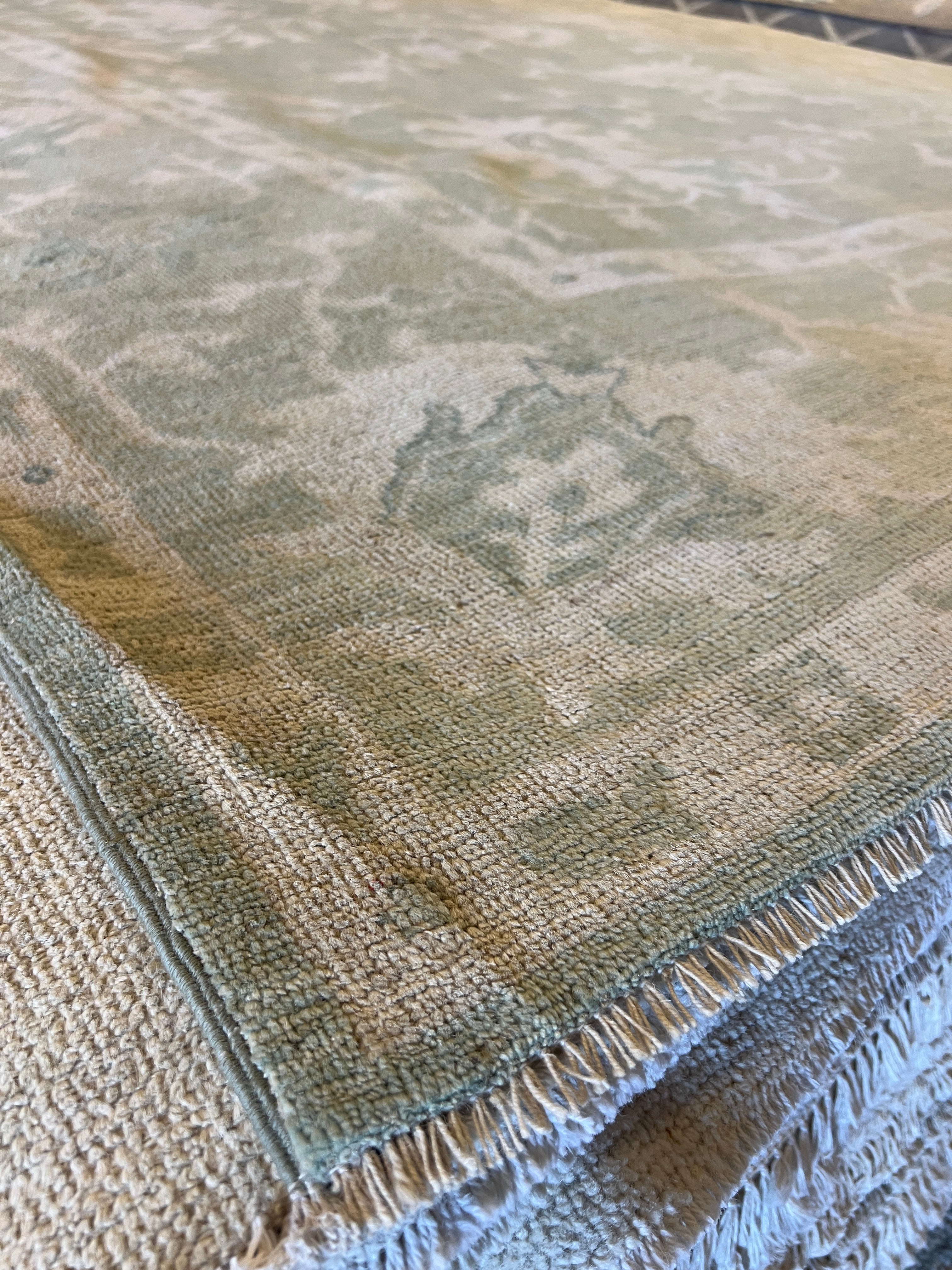 Claudette 9.5x13.2 Ivory and Green Hand-Knotted Oushak Rug