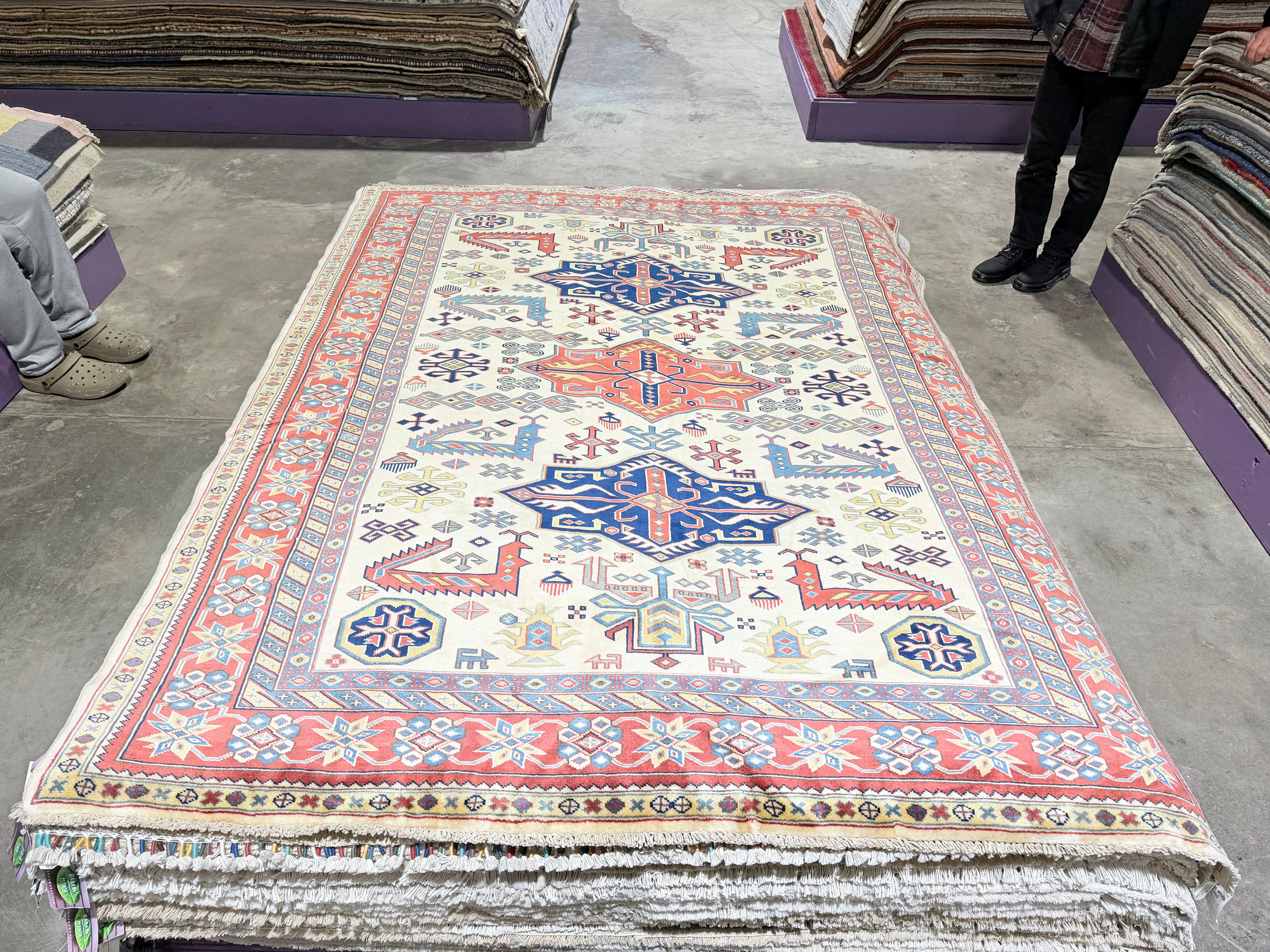 Jessie Nickson-Lopez 5.5x6.9 Afghani Kazak Cream and Red Rug