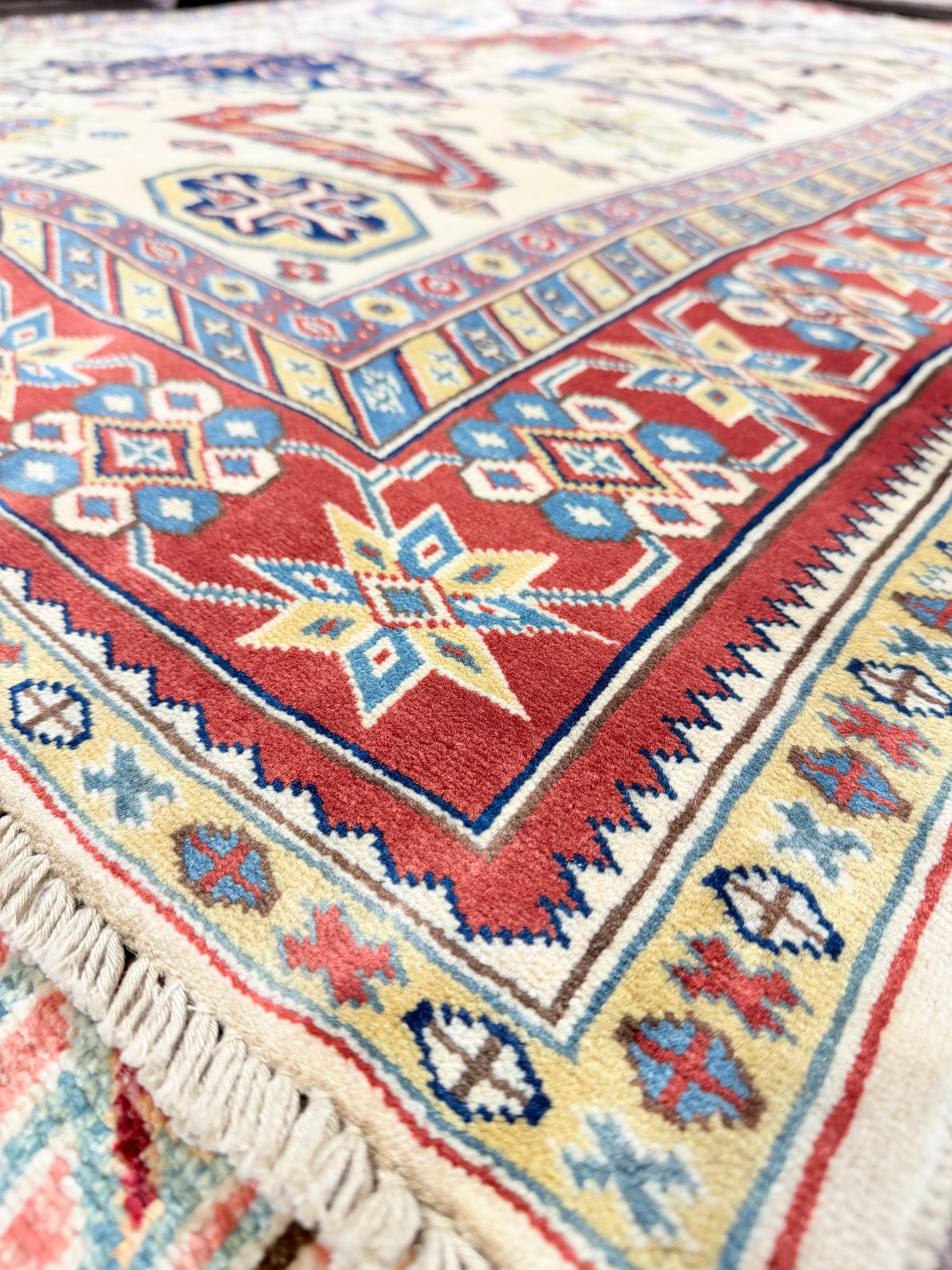 Jessie Nickson-Lopez 5.5x6.9 Afghani Kazak Cream and Red Rug