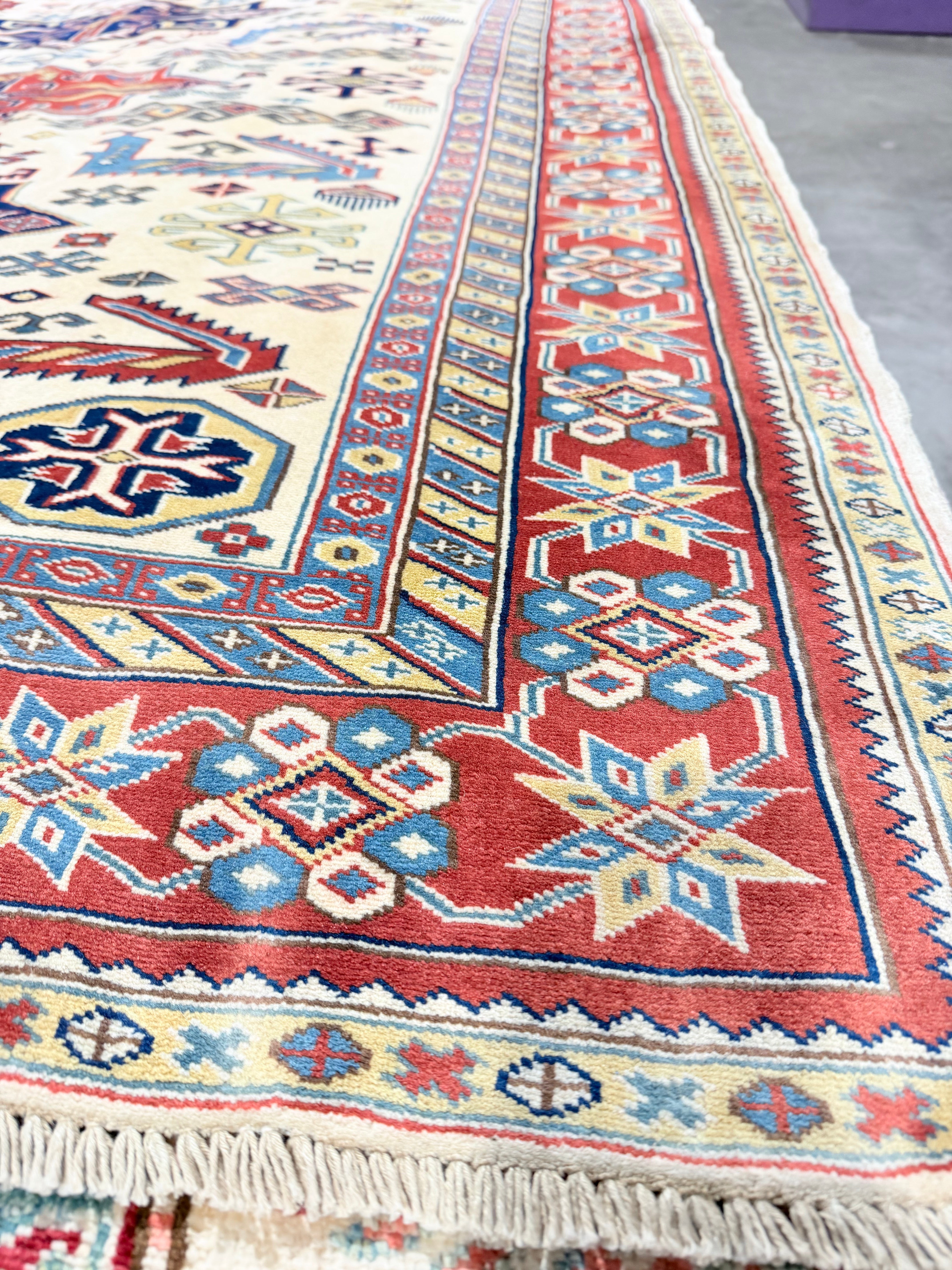 Jessie Nickson-Lopez 5.5x6.9 Afghani Kazak Cream and Red Rug