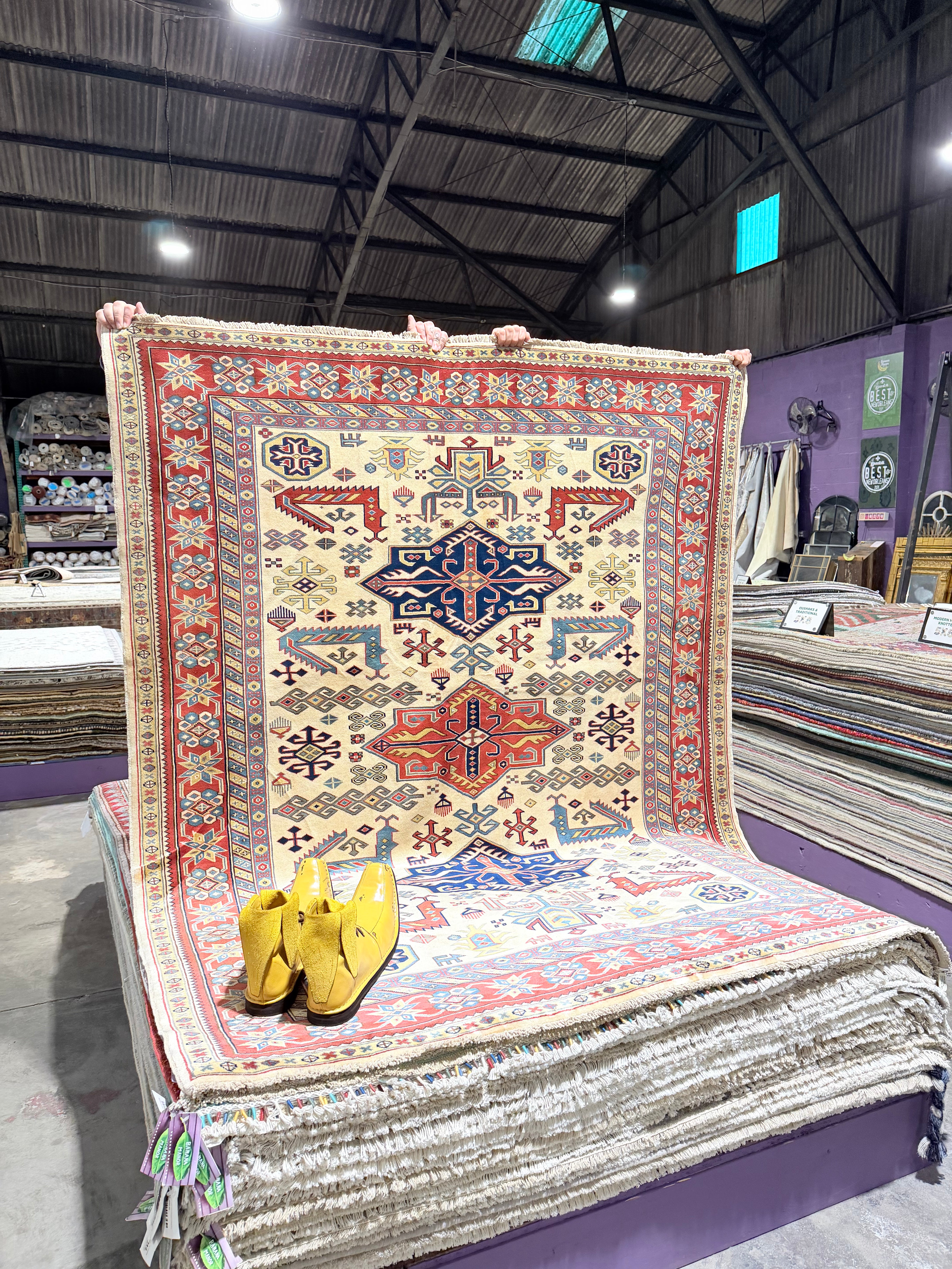 Jessie Nickson-Lopez 5.5x6.9 Afghani Kazak Cream and Red Rug