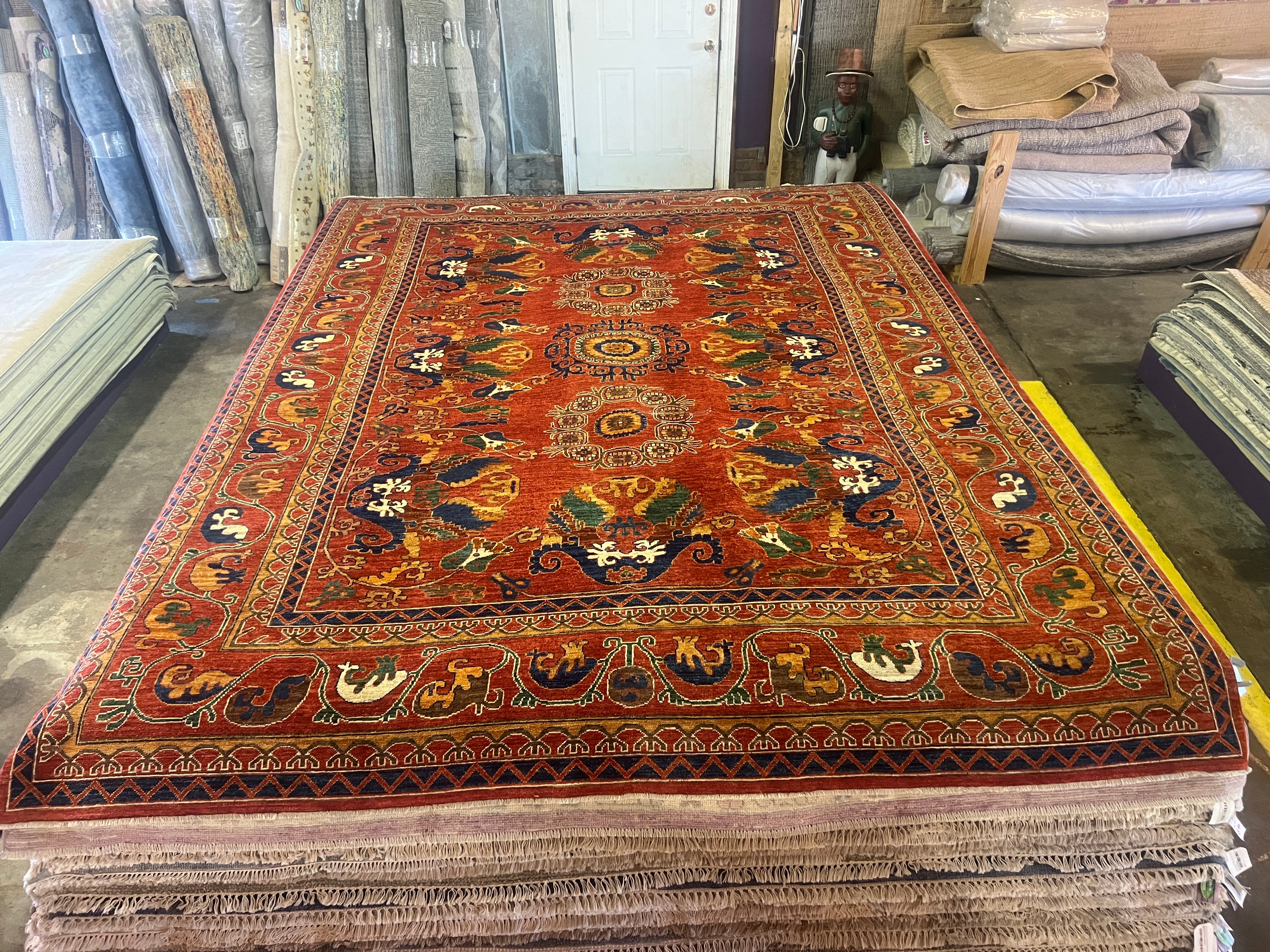 Debbie Pelt 9x11.9 Rust and Blue Hand-Knotted Nomadic Caucasian Humna Wool Rug