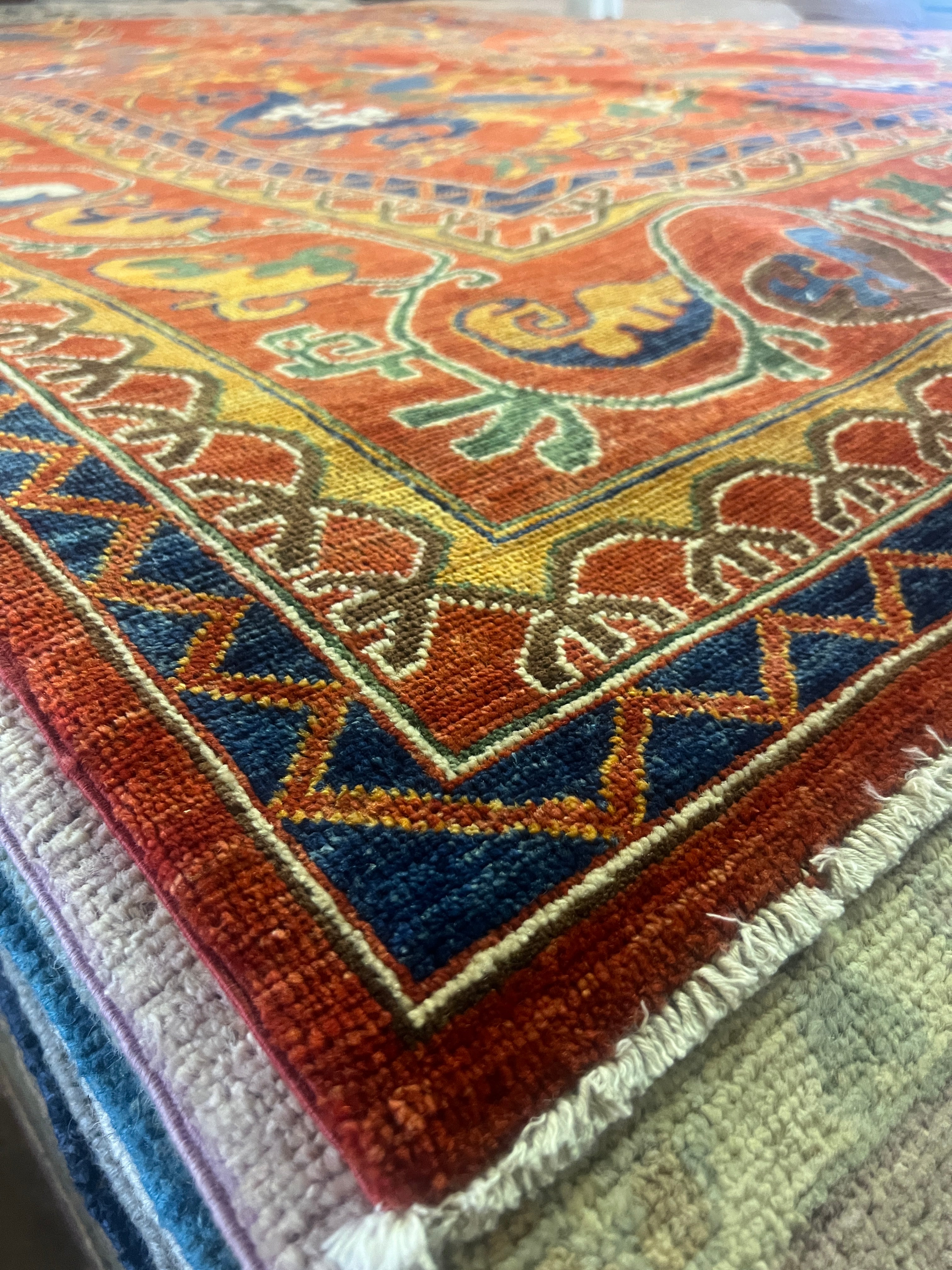 Debbie Pelt 9x11.9 Rust and Blue Hand-Knotted Nomadic Caucasian Humna Wool Rug