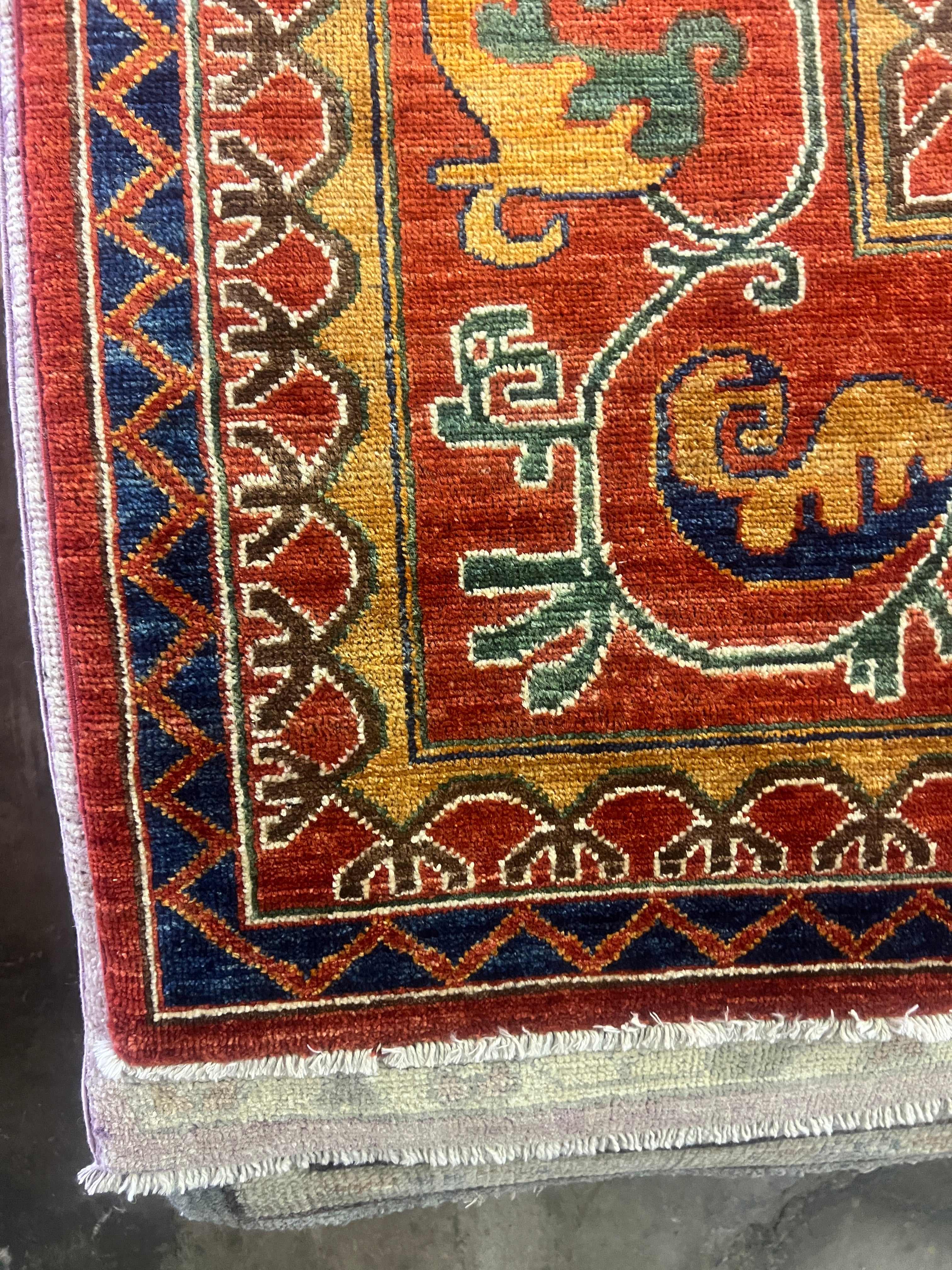 Debbie Pelt 9x11.9 Rust and Blue Hand-Knotted Nomadic Caucasian Humna Wool Rug