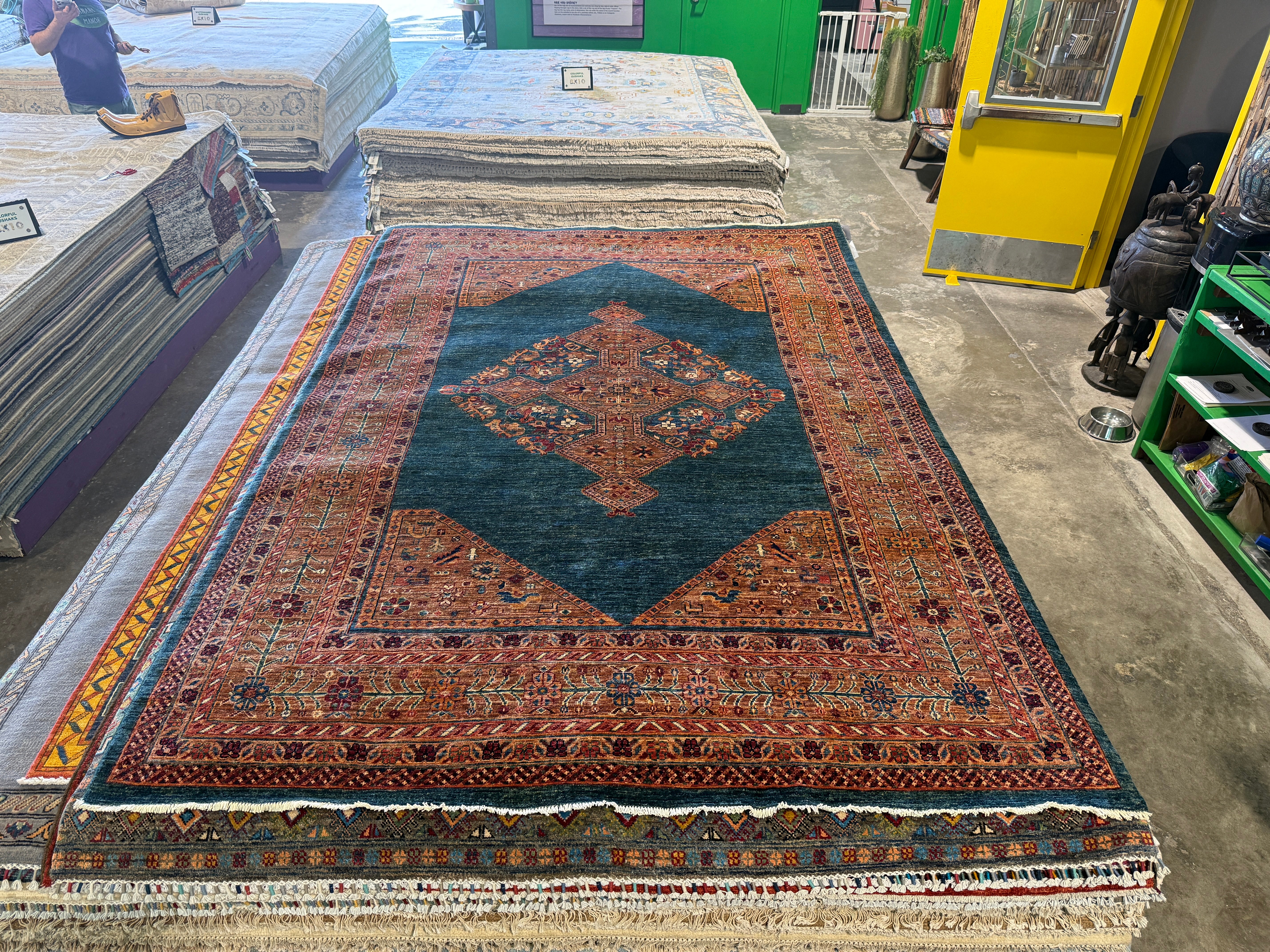 Ellen Barkin 6.8x9.8 Orange and Blue Afghani Heriz Rug