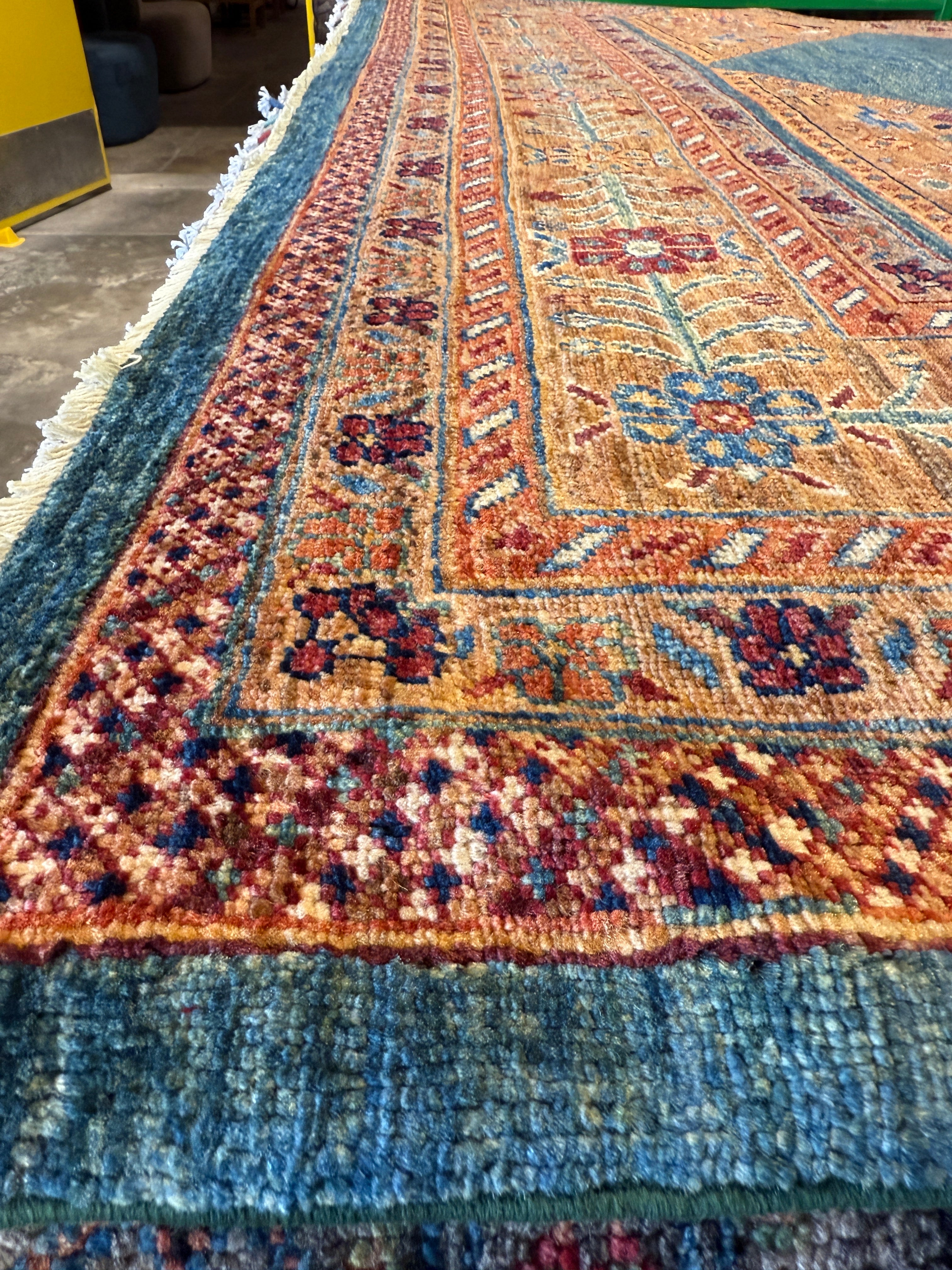 Ellen Barkin 6.8x9.8 Orange and Blue Afghani Heriz Rug