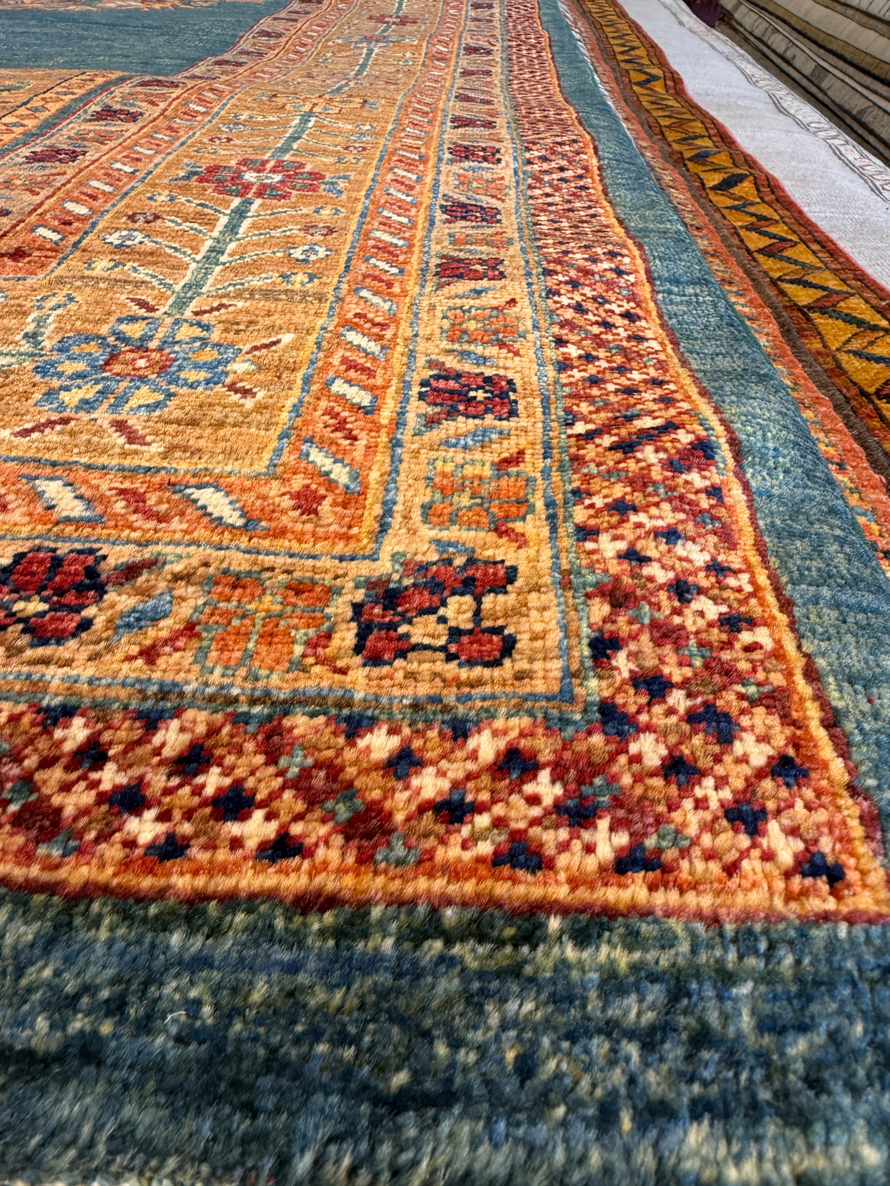 Ellen Barkin 6.8x9.8 Orange and Blue Afghani Heriz Rug