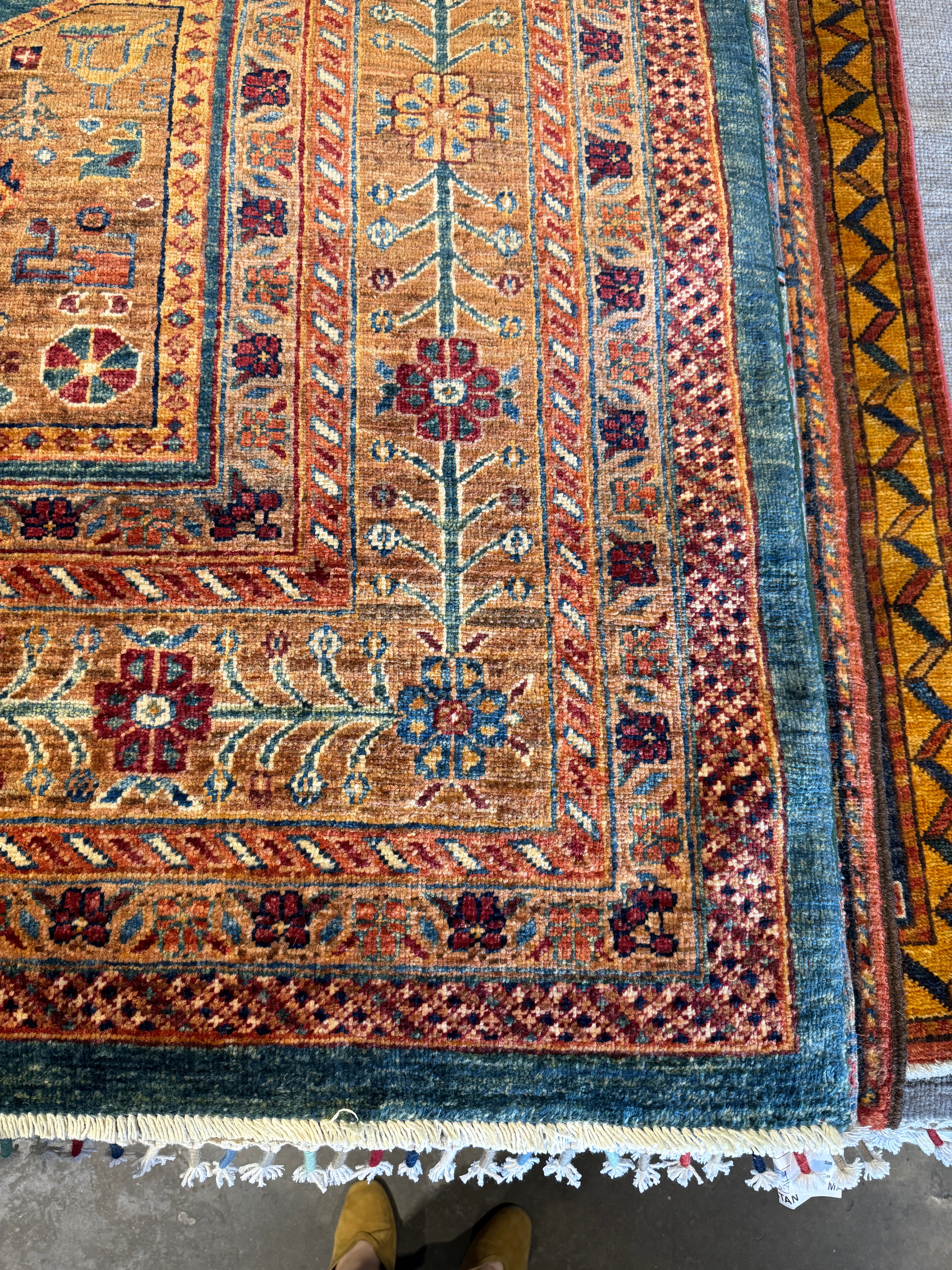 Ellen Barkin 6.8x9.8 Orange and Blue Afghani Heriz Rug