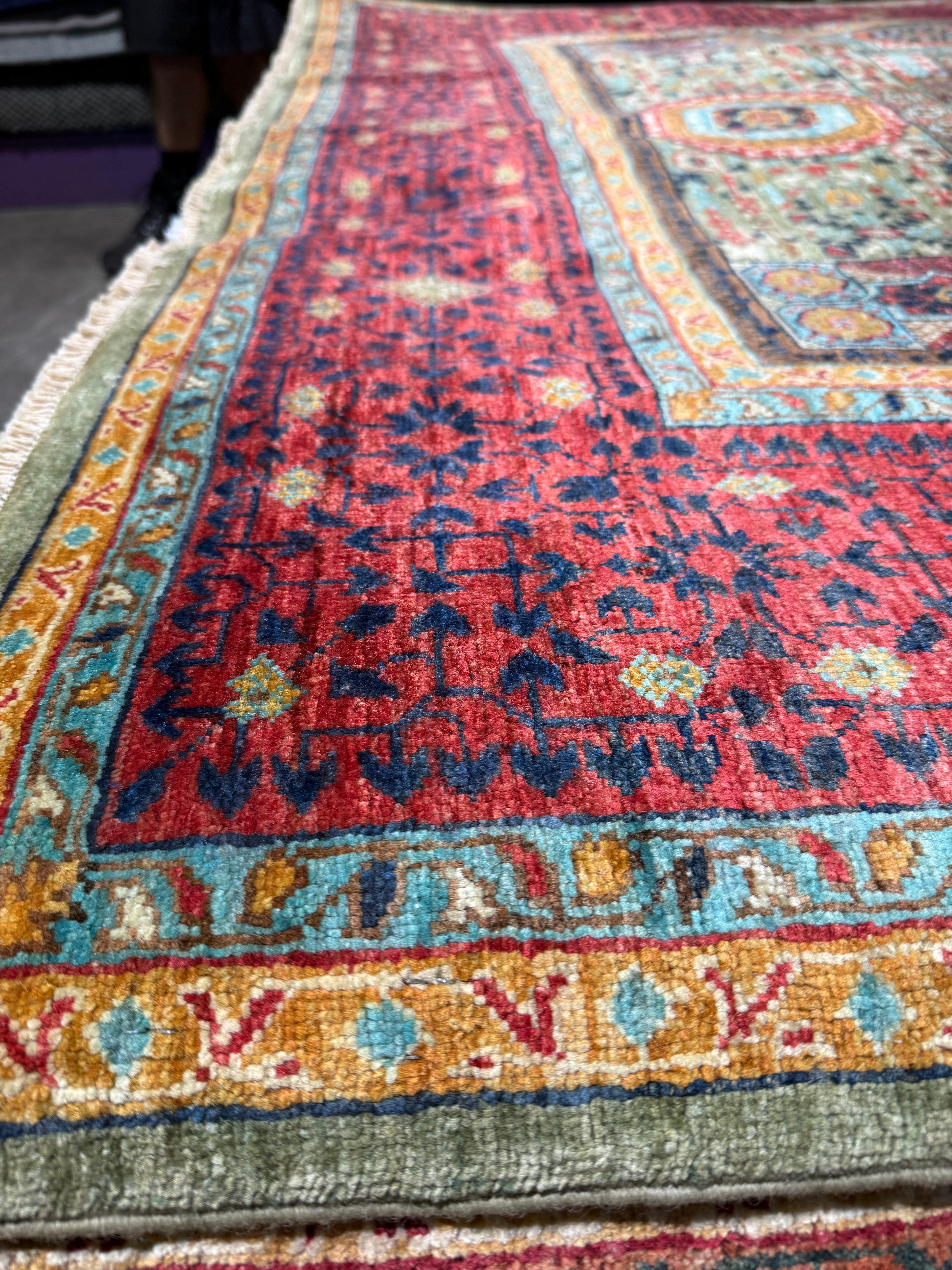 Leila George 5.1x6.8 Green and Red Afghani Sultani Rug