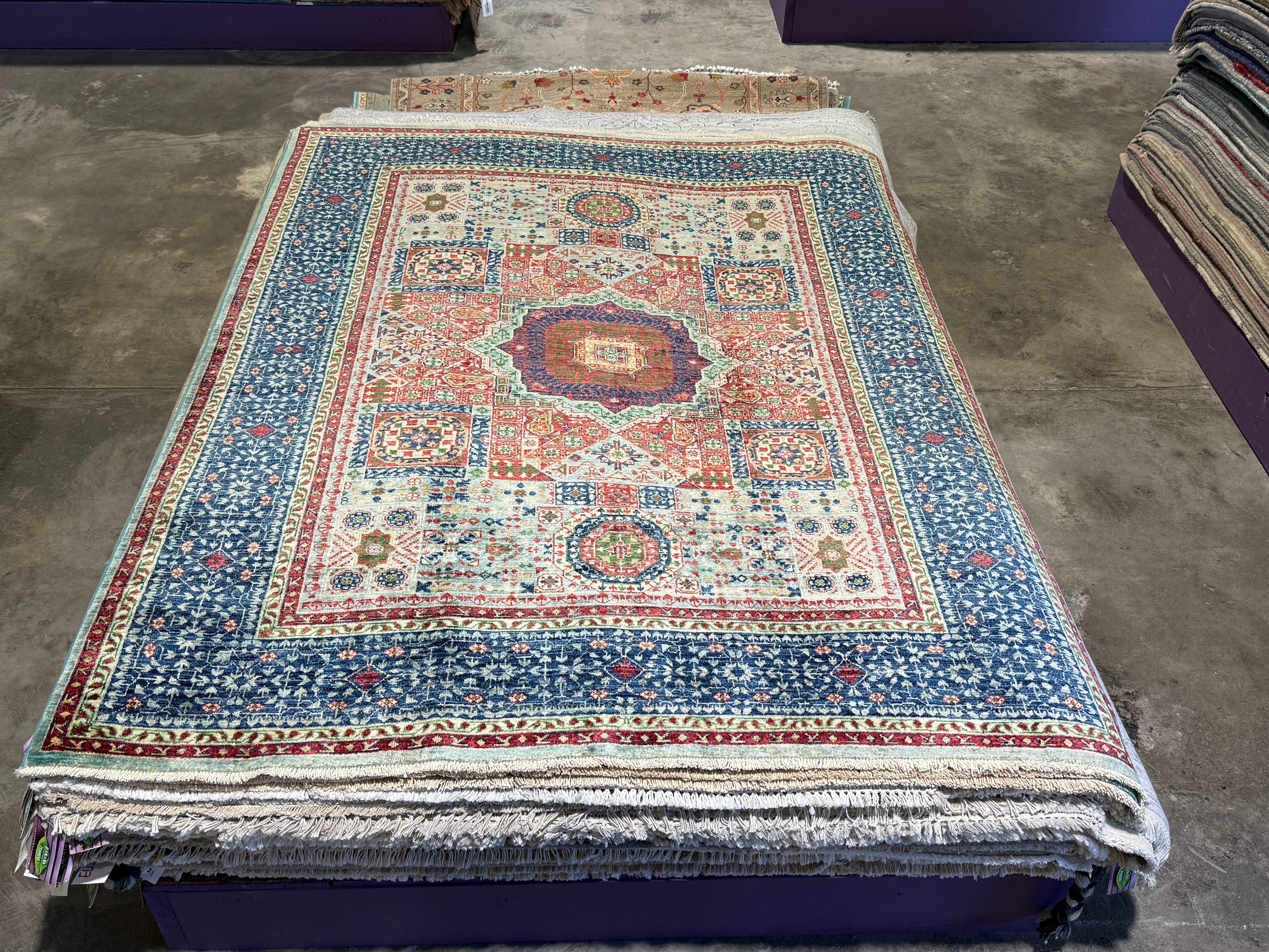 Alyvia Alyn Lind 5.2x6.8 Blue and Red Afghani Mamluk Rug