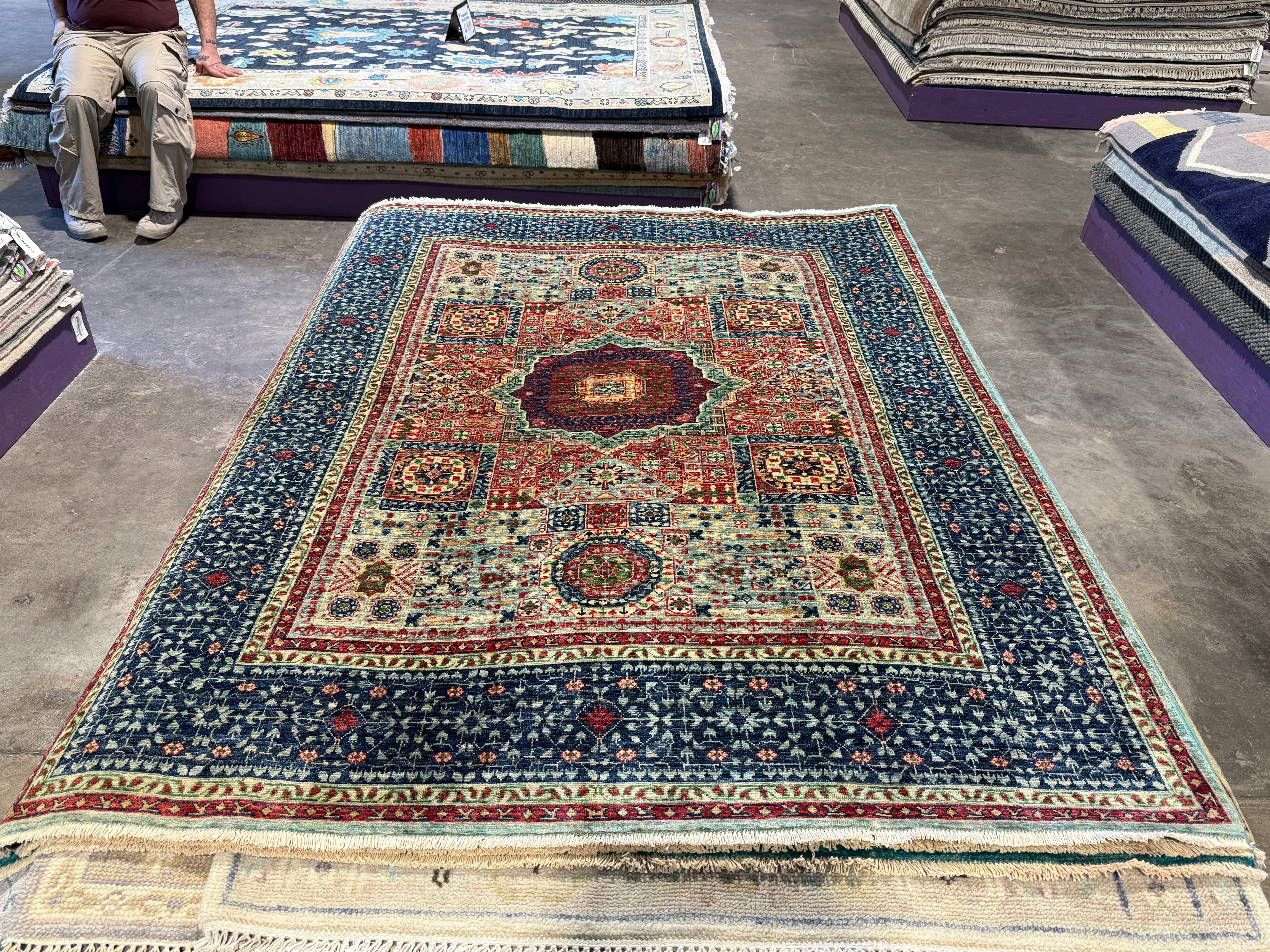 Alyvia Alyn Lind 5.2x6.8 Blue and Red Afghani Mamluk Rug