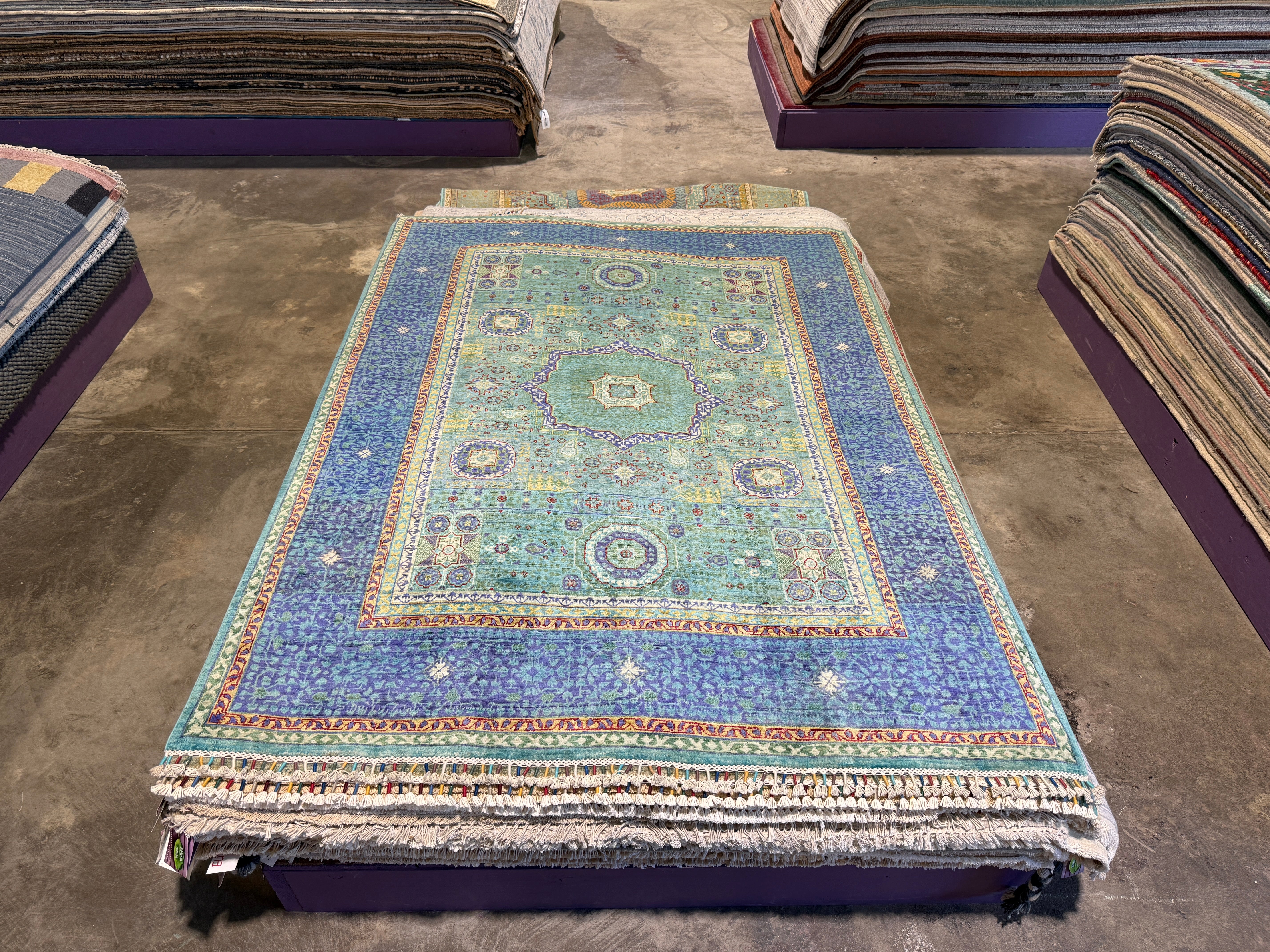 Evelyn Wade 5x6.8 Green and Blue Afghani Mamluk Rug