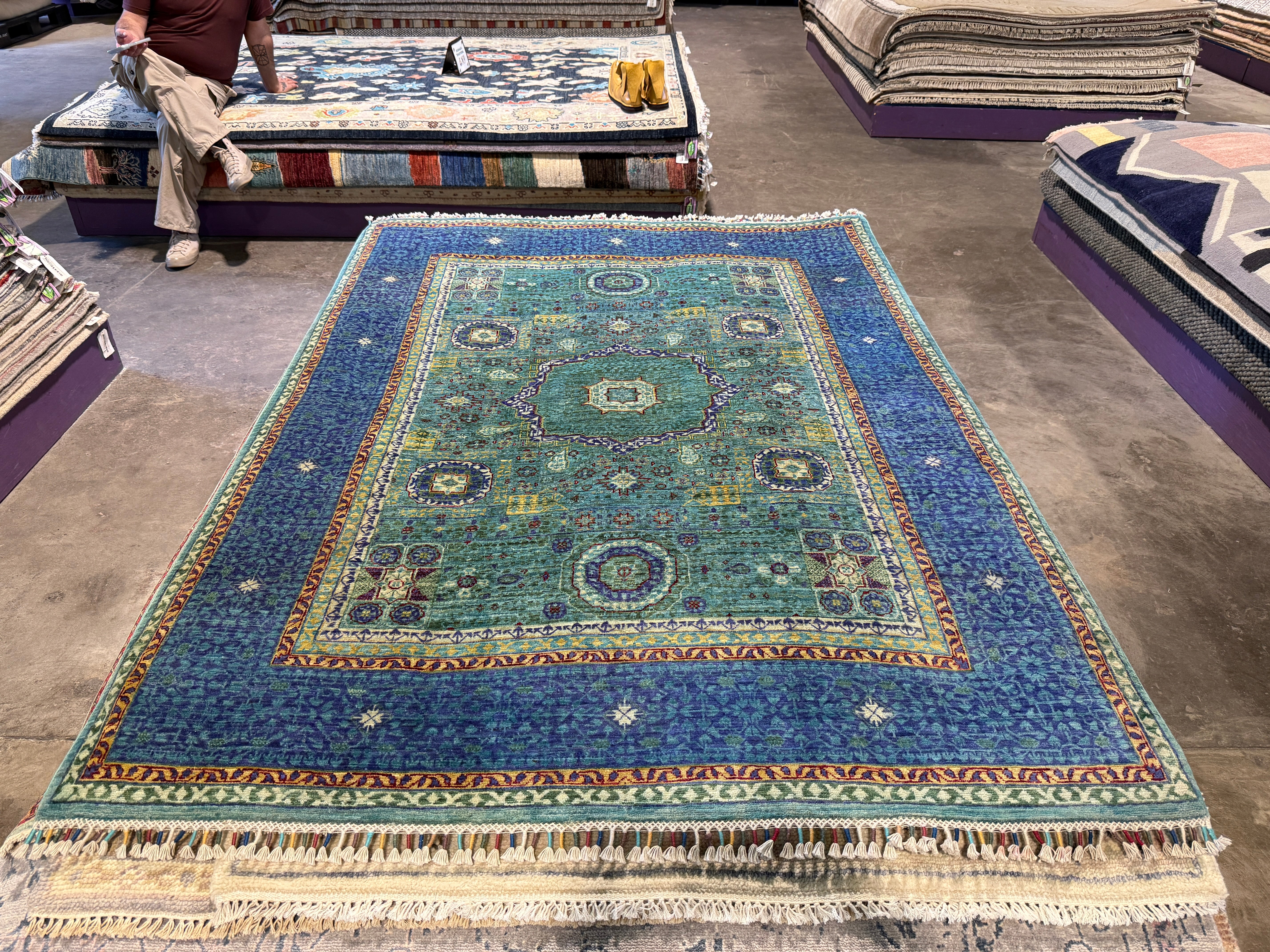 Evelyn Wade 5x6.8 Green and Blue Afghani Mamluk Rug