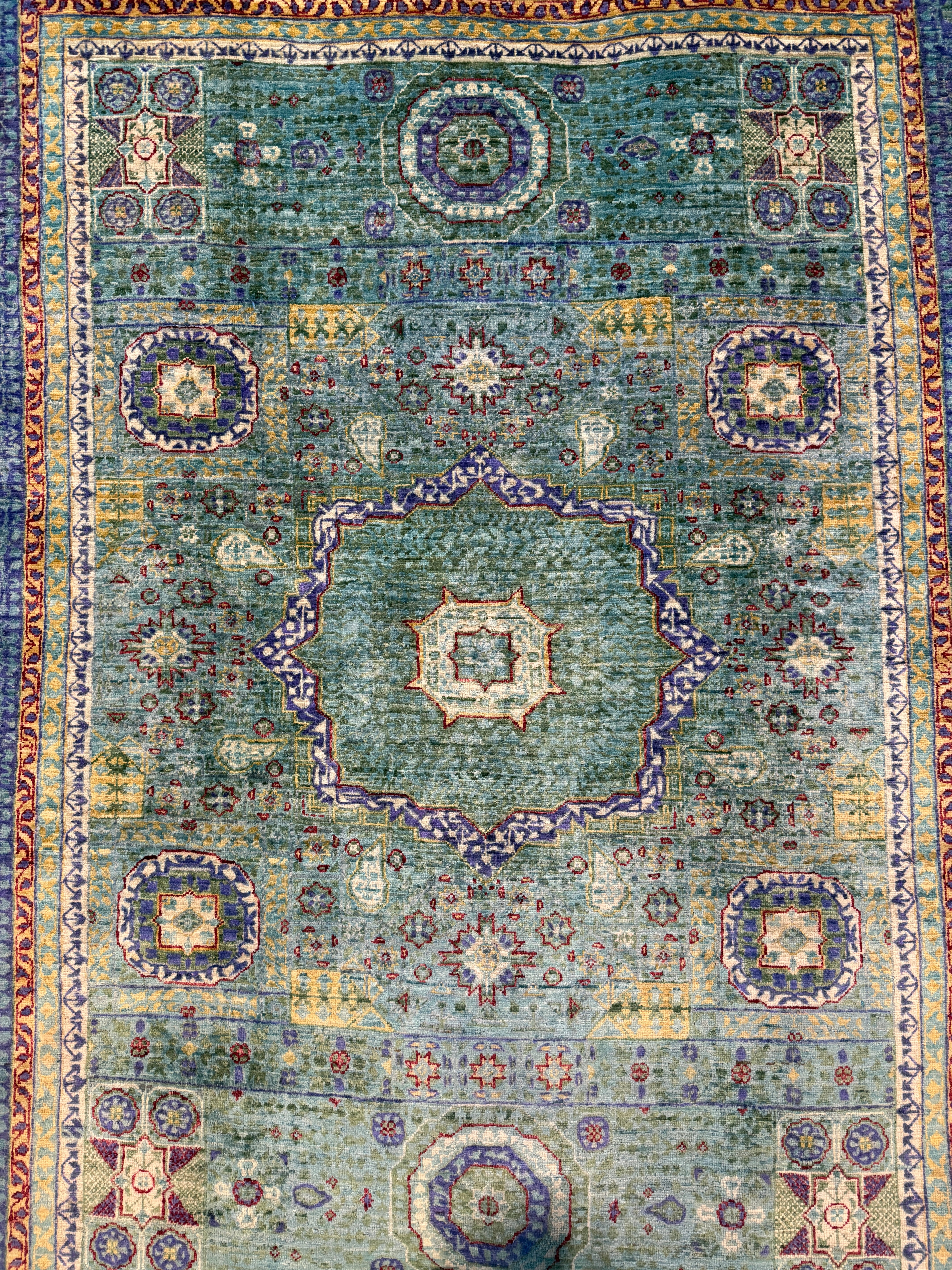 Evelyn Wade 5x6.8 Green and Blue Afghani Mamluk Rug