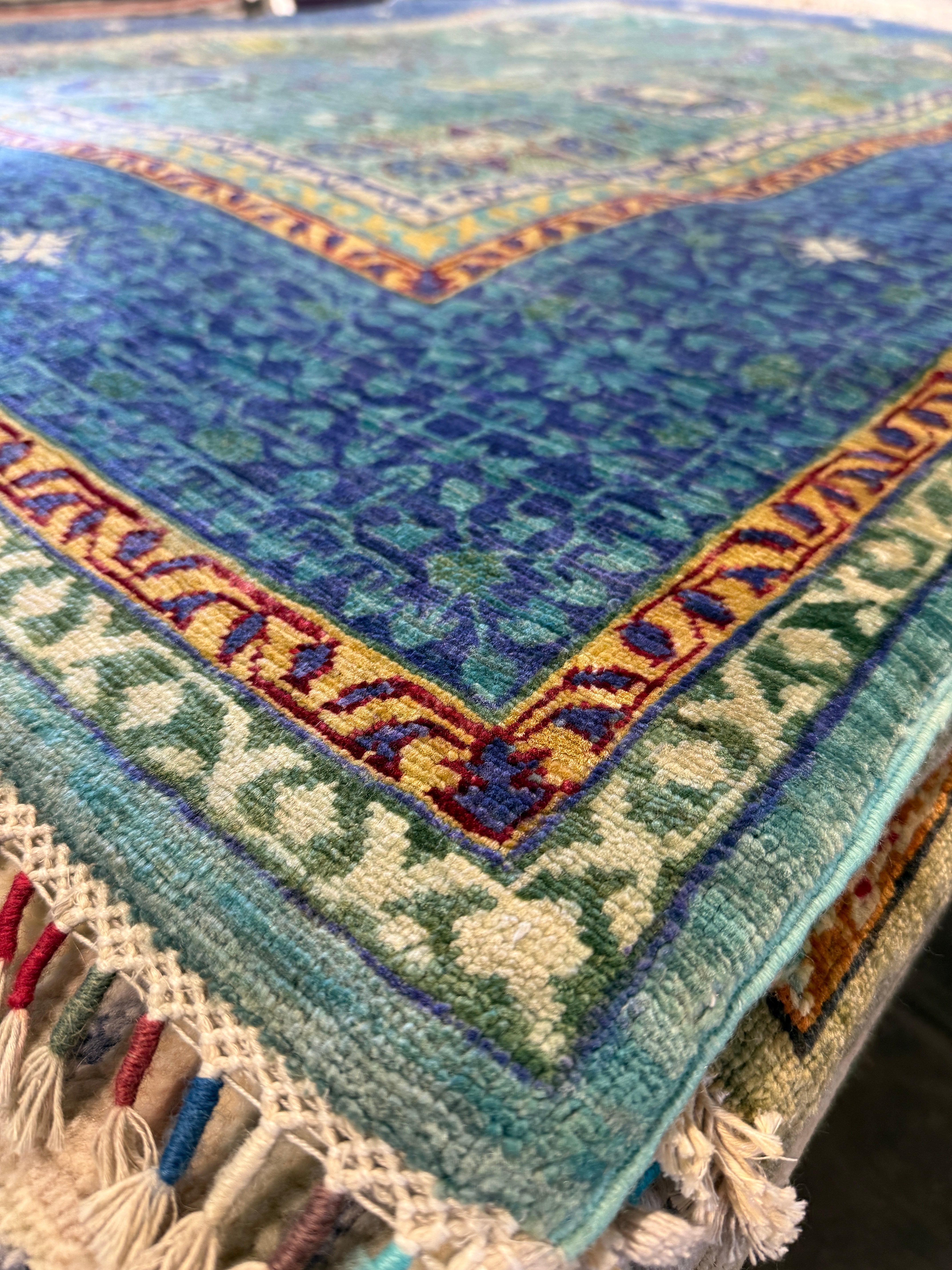 Evelyn Wade 5x6.8 Green and Blue Afghani Mamluk Rug
