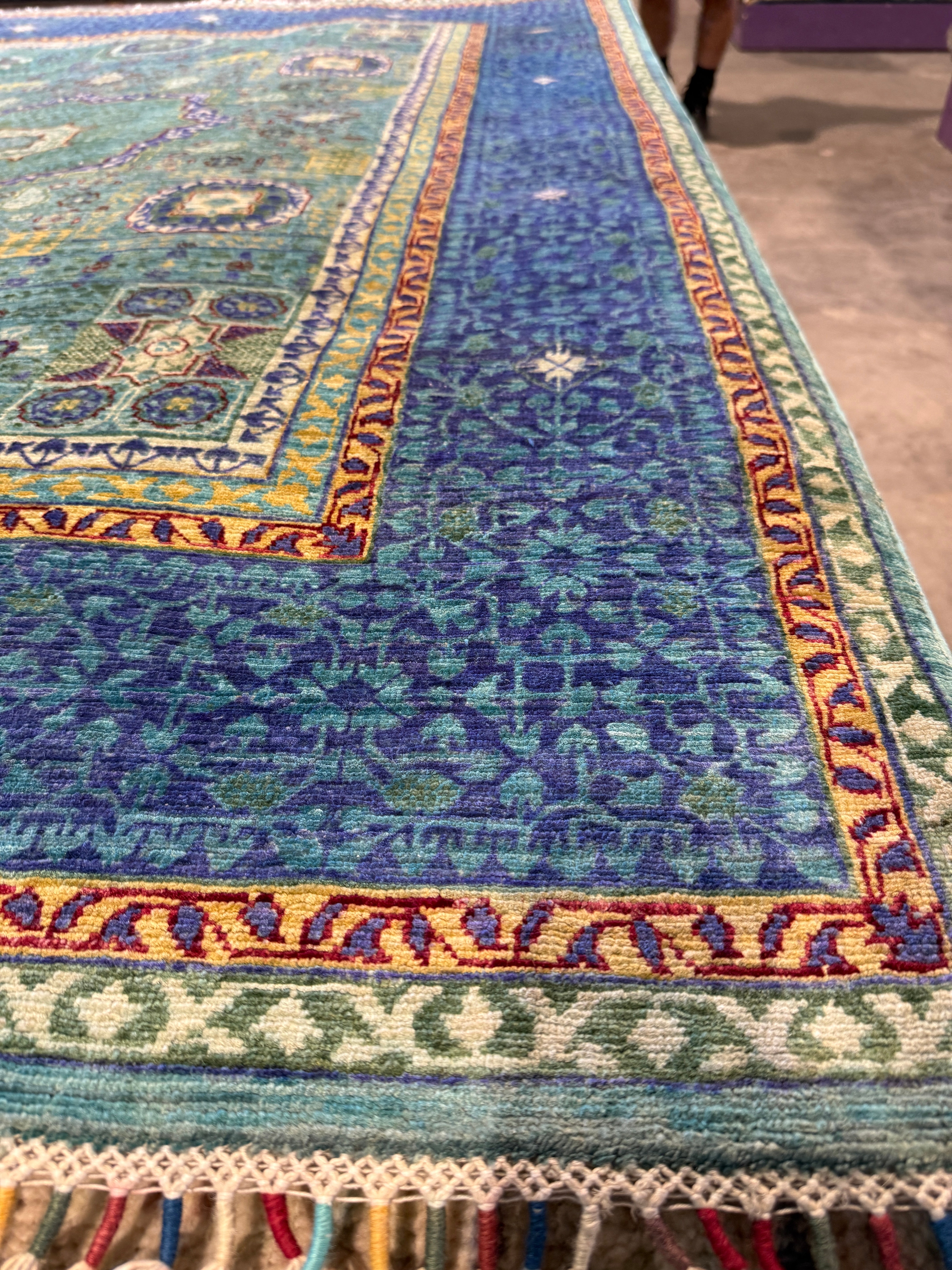 Evelyn Wade 5x6.8 Green and Blue Afghani Mamluk Rug